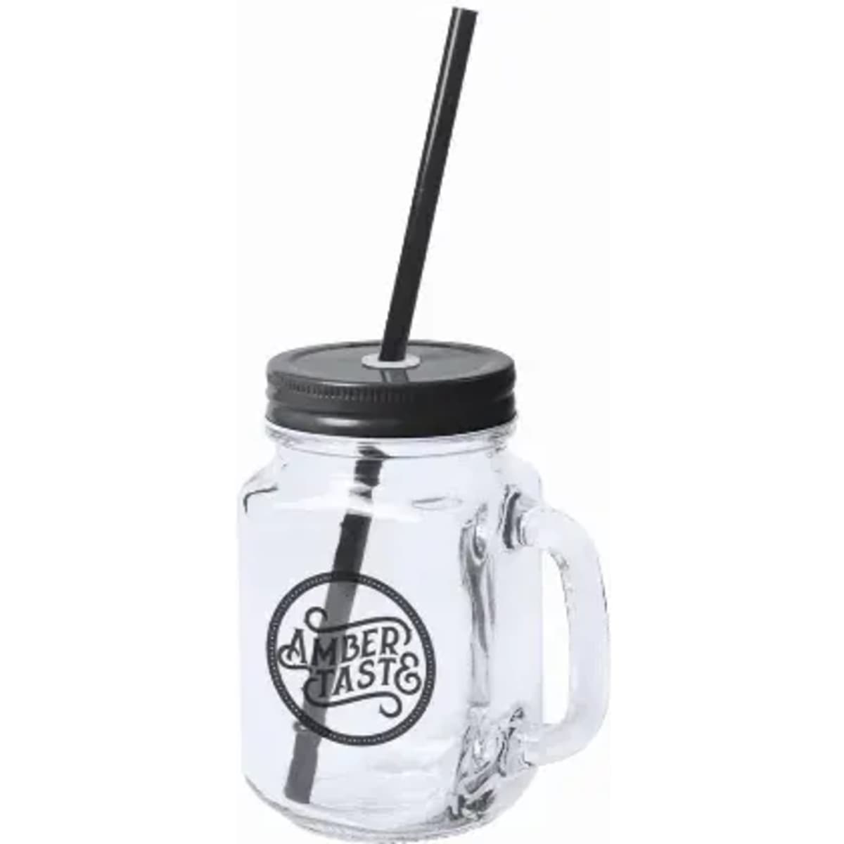 A clear glass drink bottle with a black lid and straw, featuring a logo on the front.