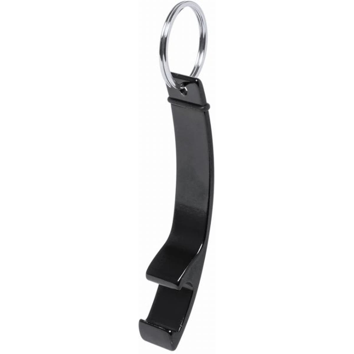A keychain bottle opener in black plastic with a metal ring for easy attachment to keys.
