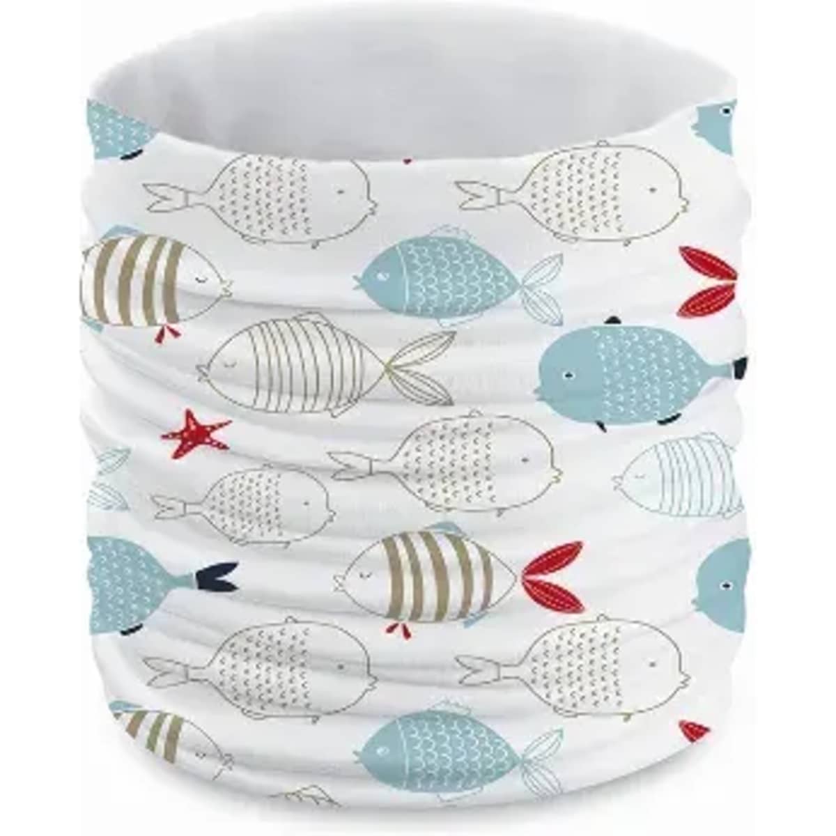 A multi-use neck gaiter featuring a pattern of light blue and grey fish on a white background.
