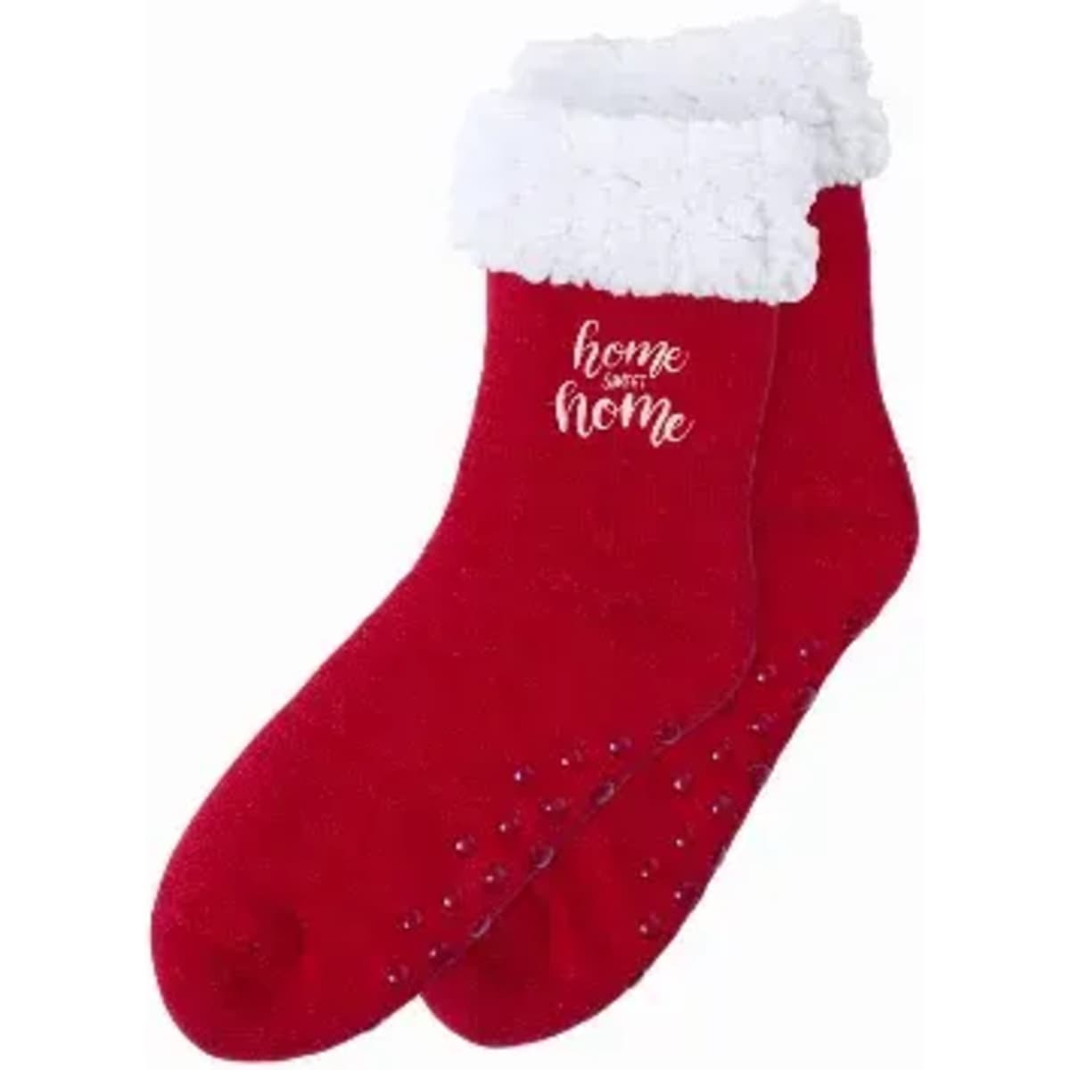 A pair of red plush socks with a fluffy white cuff and non-slip grip dots on the soles.