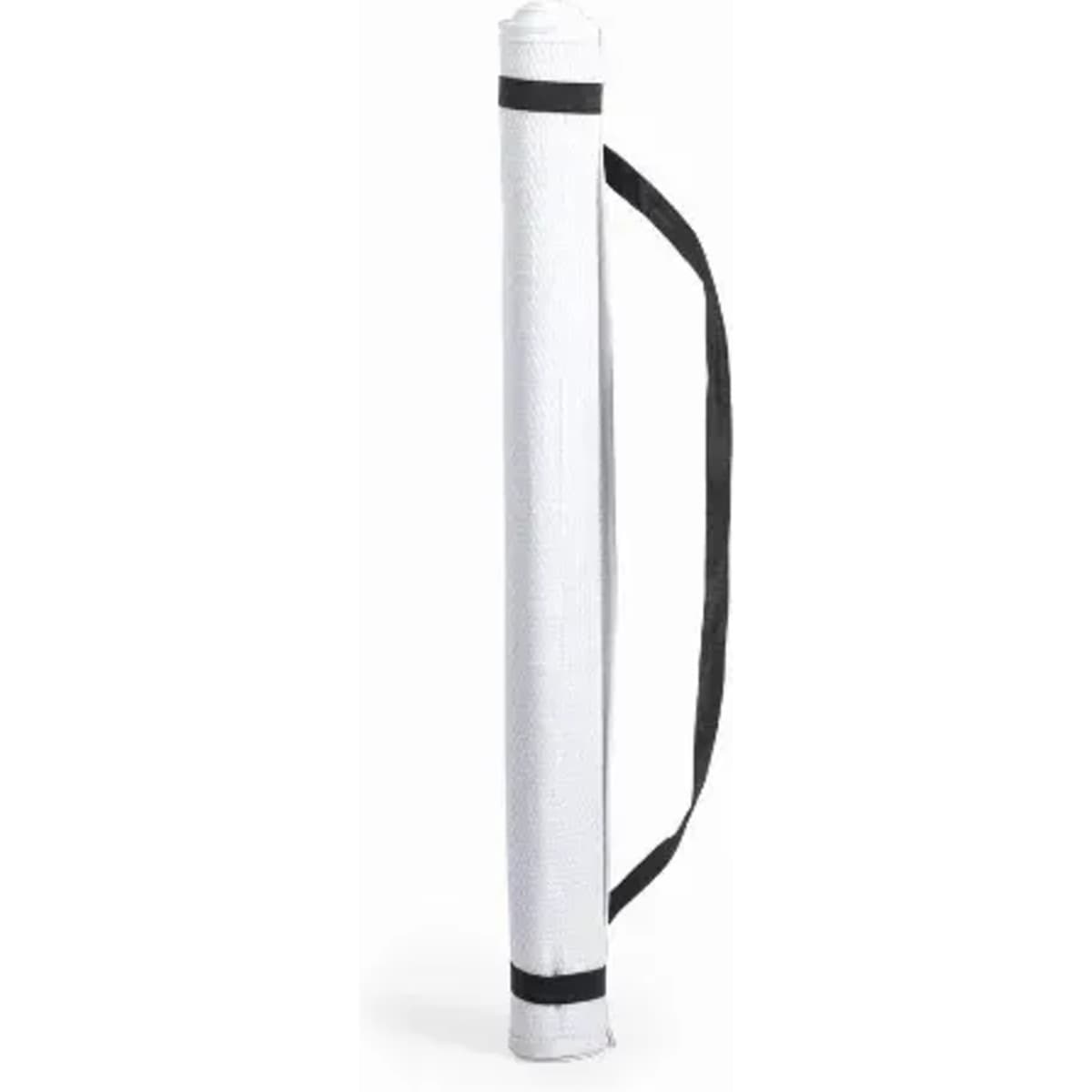 A cylindrical white tube with a black strap, designed for carrying rolled items.