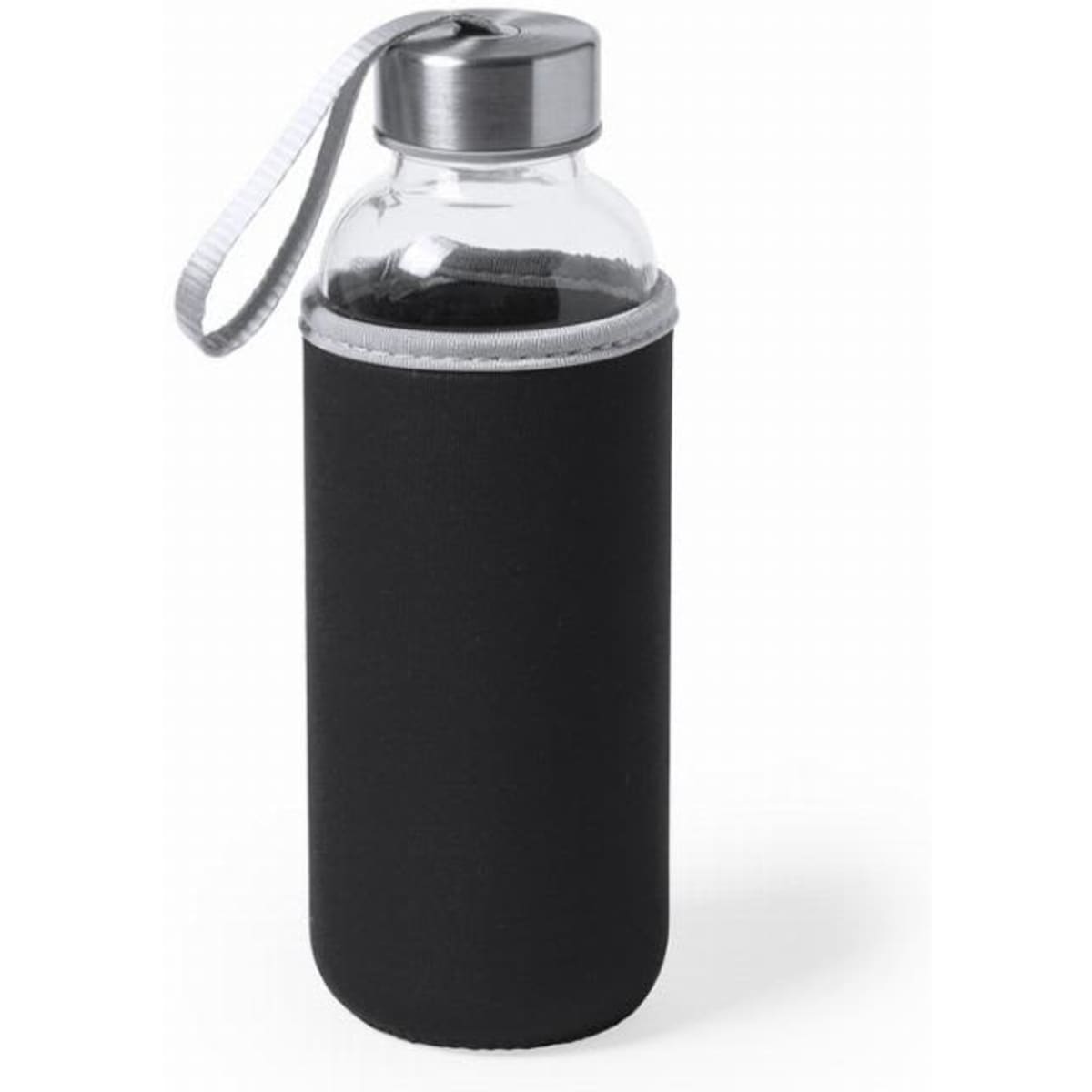 A drink bottle with a clear glass body, black neoprene sleeve, and a silver screw-top lid with a strap.