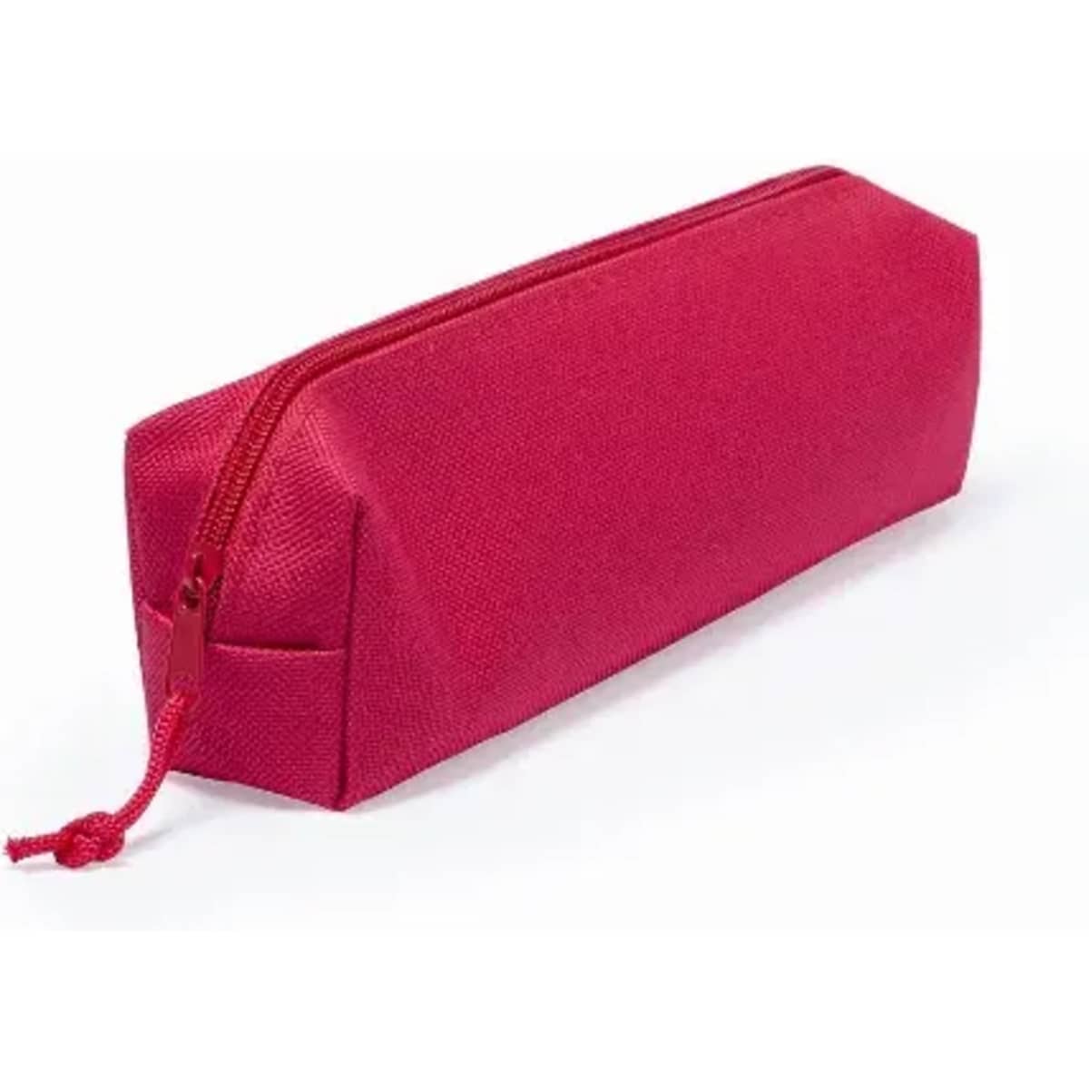 A pencil case in bright red with a zip closure and a rectangular design, featuring a small pull tab.