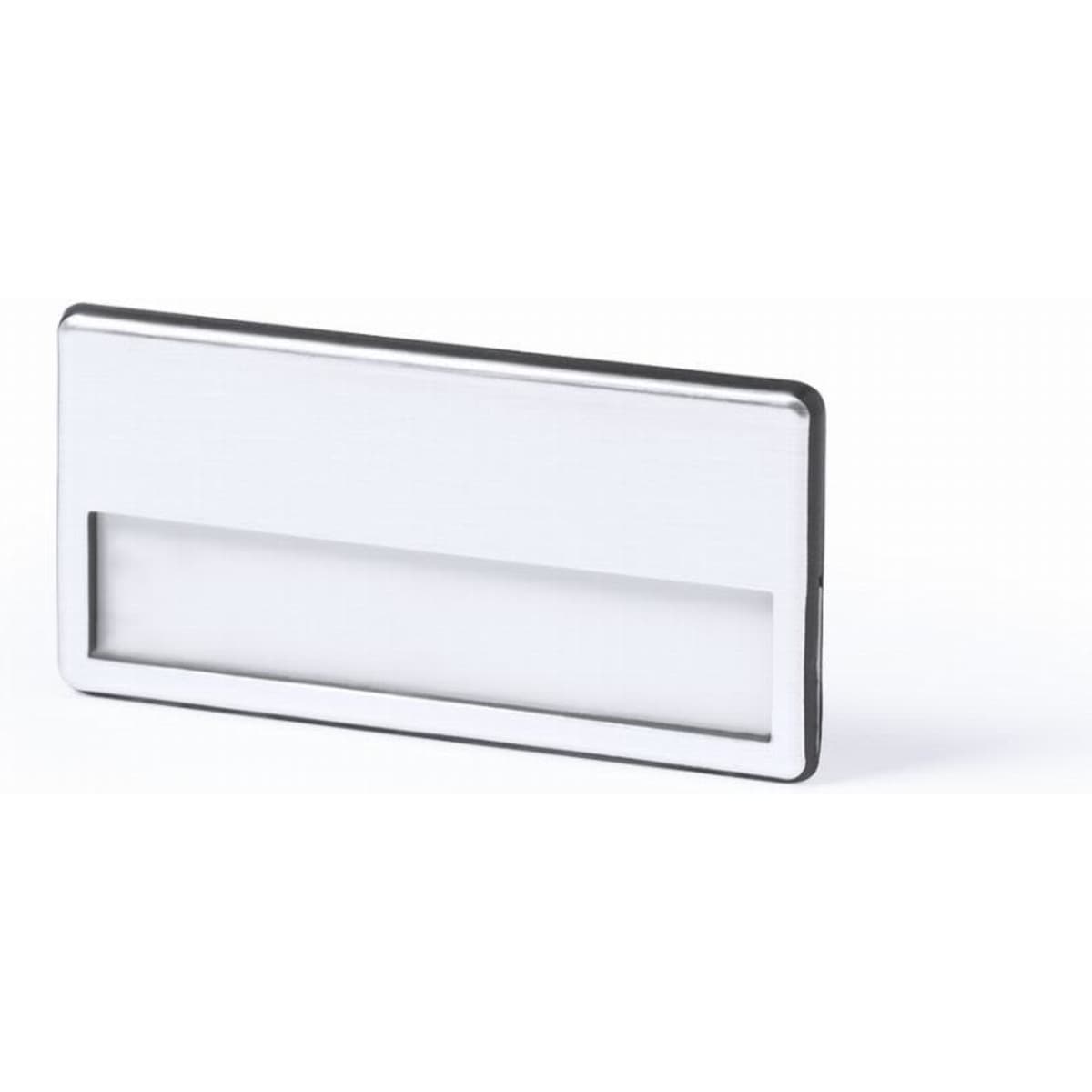 A silver rectangular badge holder with an open slot for inserting a badge or card. The design is sleek and minimalist.