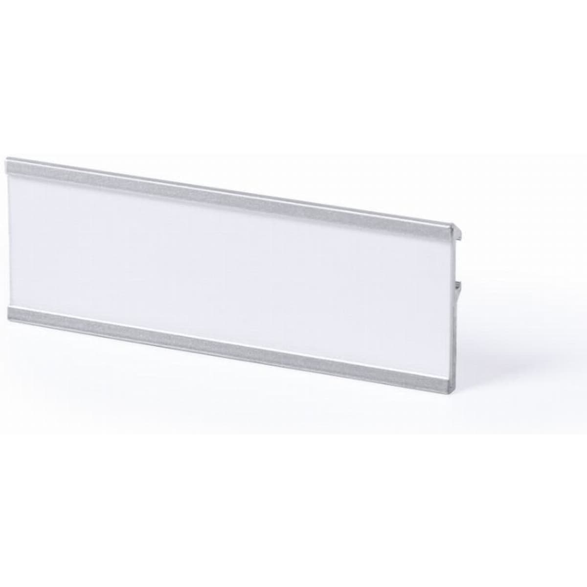 A blank name badge holder with a silver frame, designed for inserting identification cards.