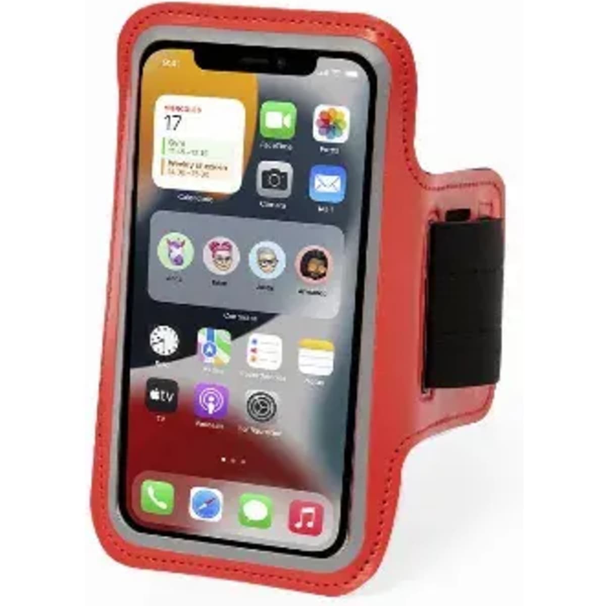 An armband phone holder in red, featuring a transparent front for screen visibility and a secure strap.
