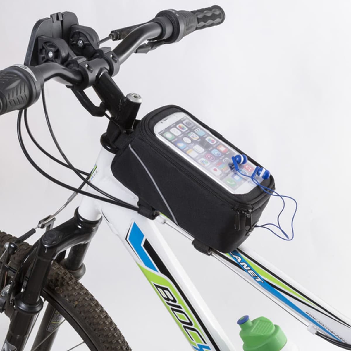 A black bicycle bag mounted on the handlebars, containing a phone and a drink bottle in green.