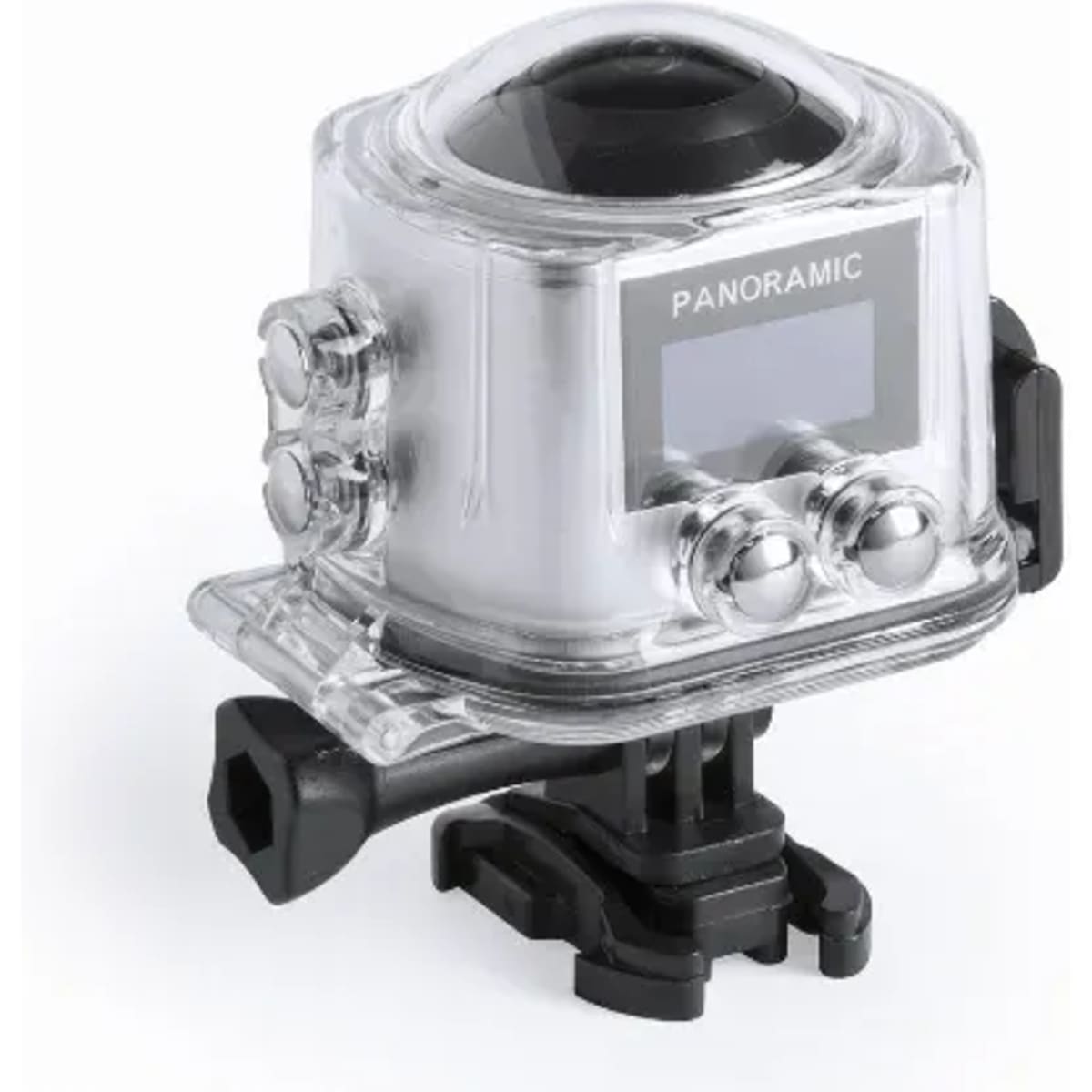 A panoramic camera in a clear protective casing with buttons and a mounting base, featuring a black and silver design.