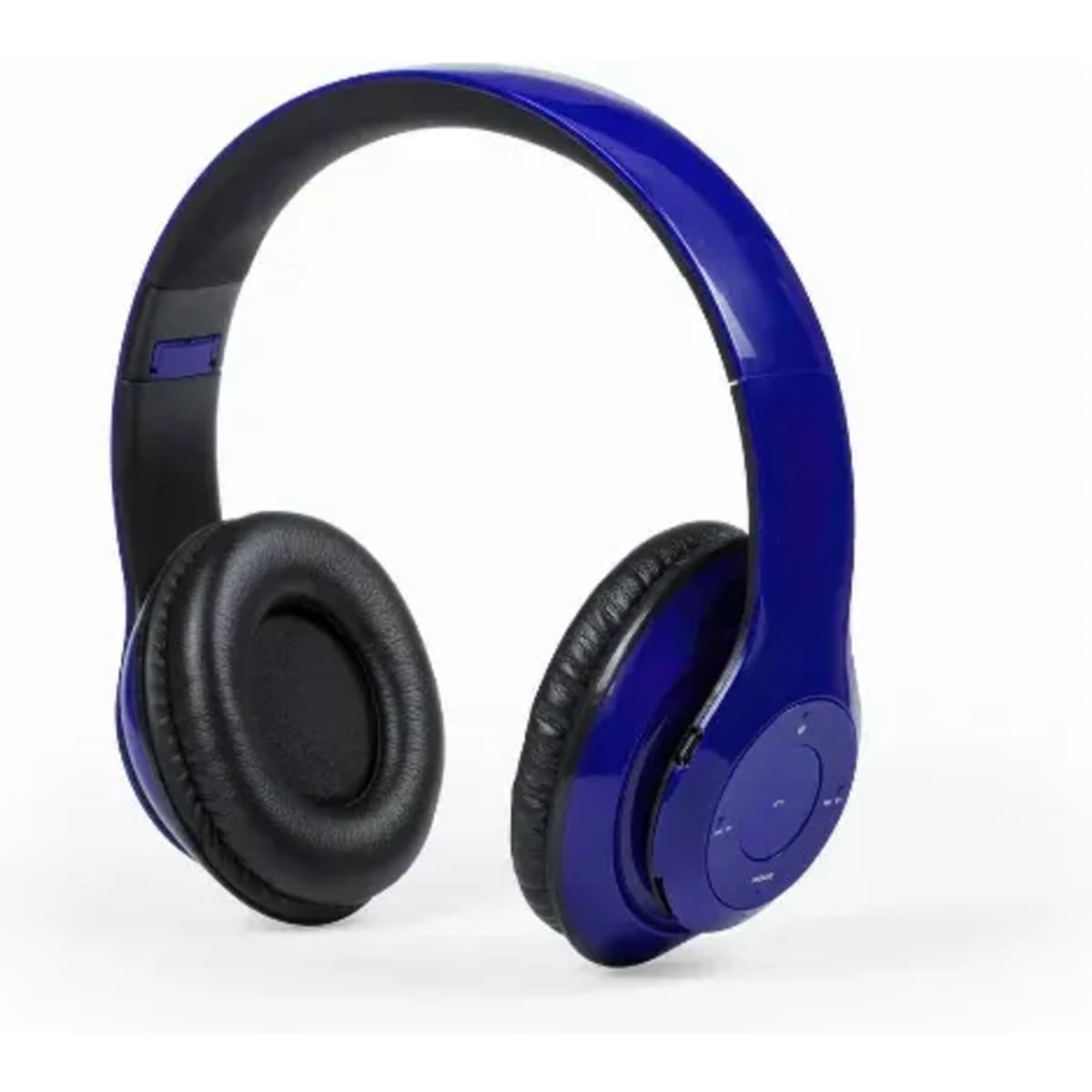 A pair of blue headphones with black ear pads and a smooth design, featuring a control panel on one side.