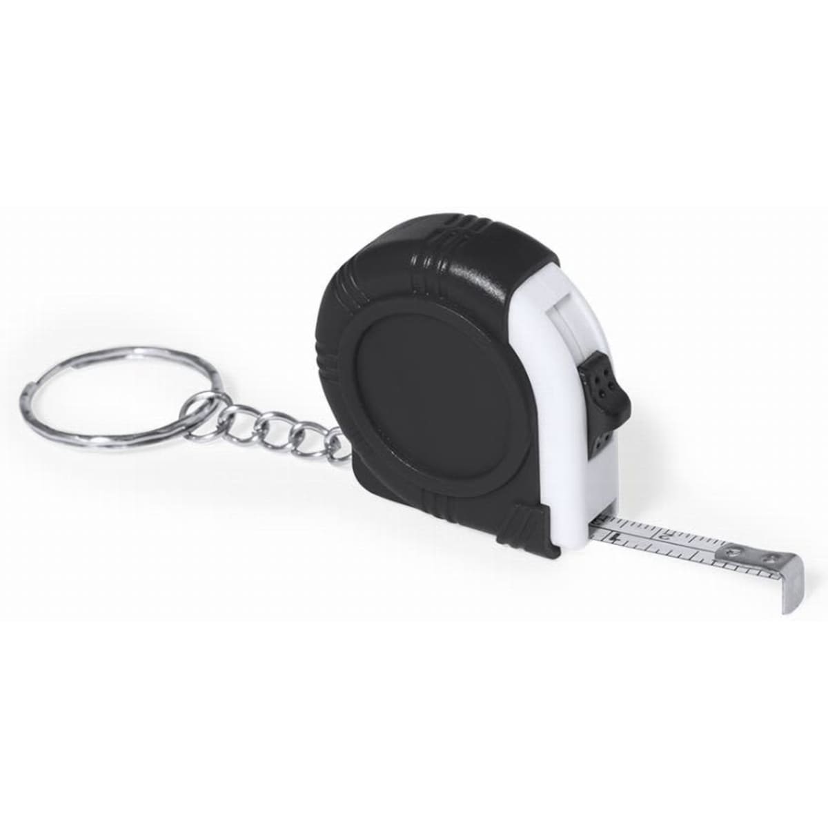 A tape measure with a black and white design, featuring a keychain attachment for easy portability.