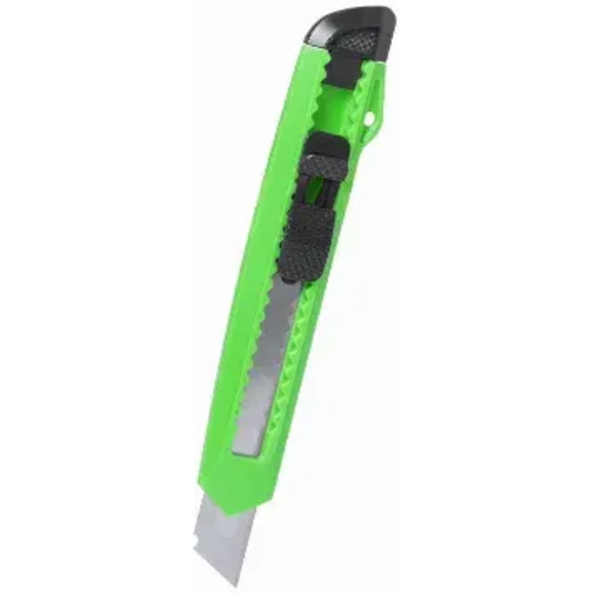 A utility knife with a green body and black accents, featuring a retractable metal blade.
