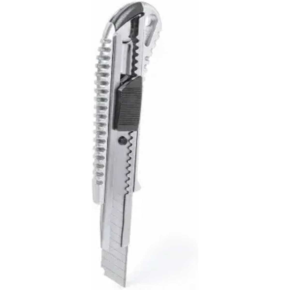 A metallic utility knife with a retractable blade and textured grip, featuring a side slider for blade extension.