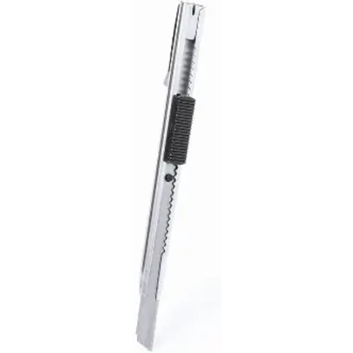 A silver utility knife with a black grip, featuring a retractable blade for cutting purposes.