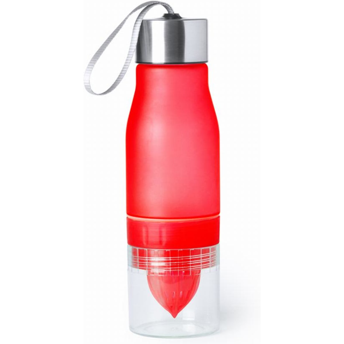 A drink bottle with a red silicone upper section and a clear lower section, featuring a logo on the side.