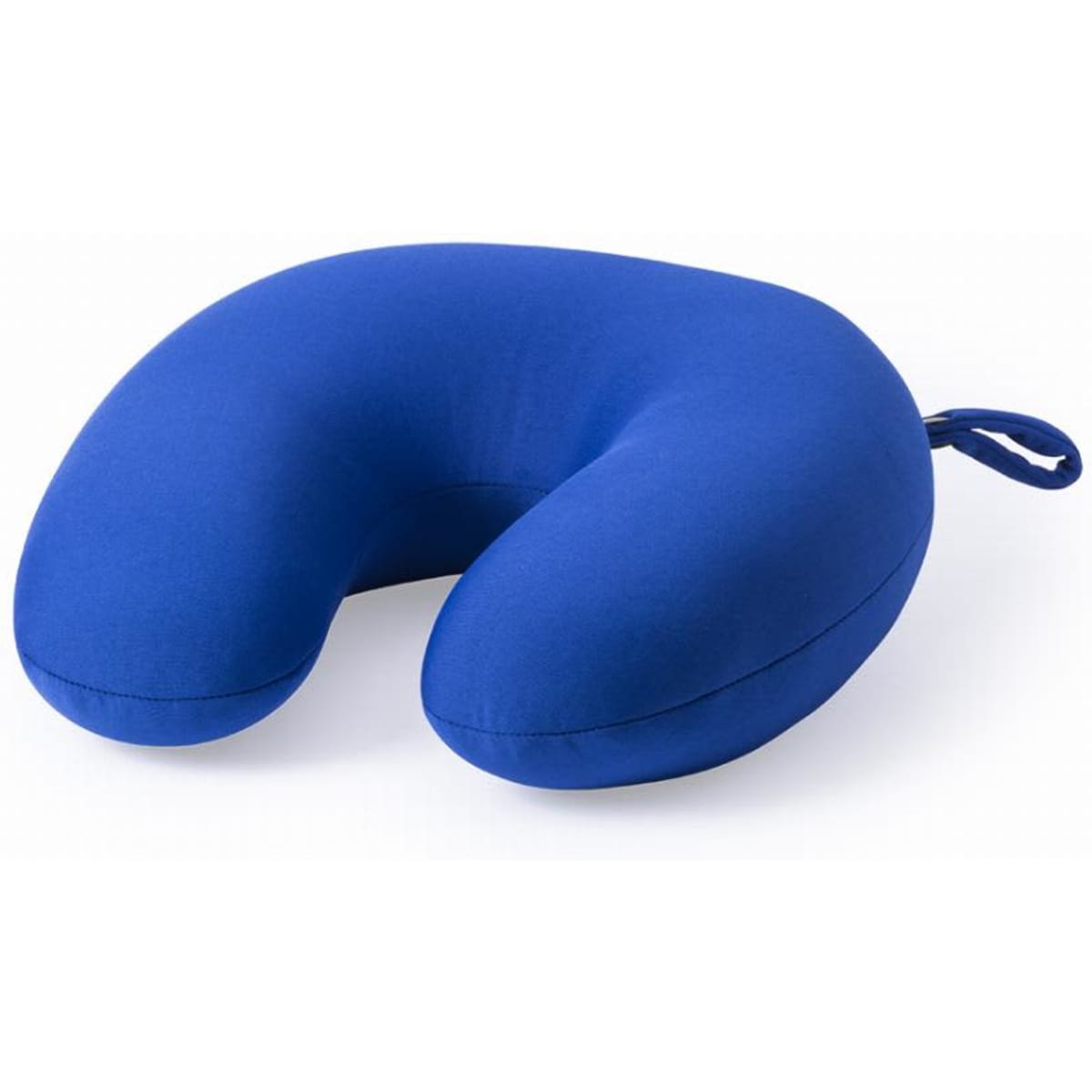 A blue neck pillow with a U-shaped design and a fabric cover. It has a loop for easy carrying.
