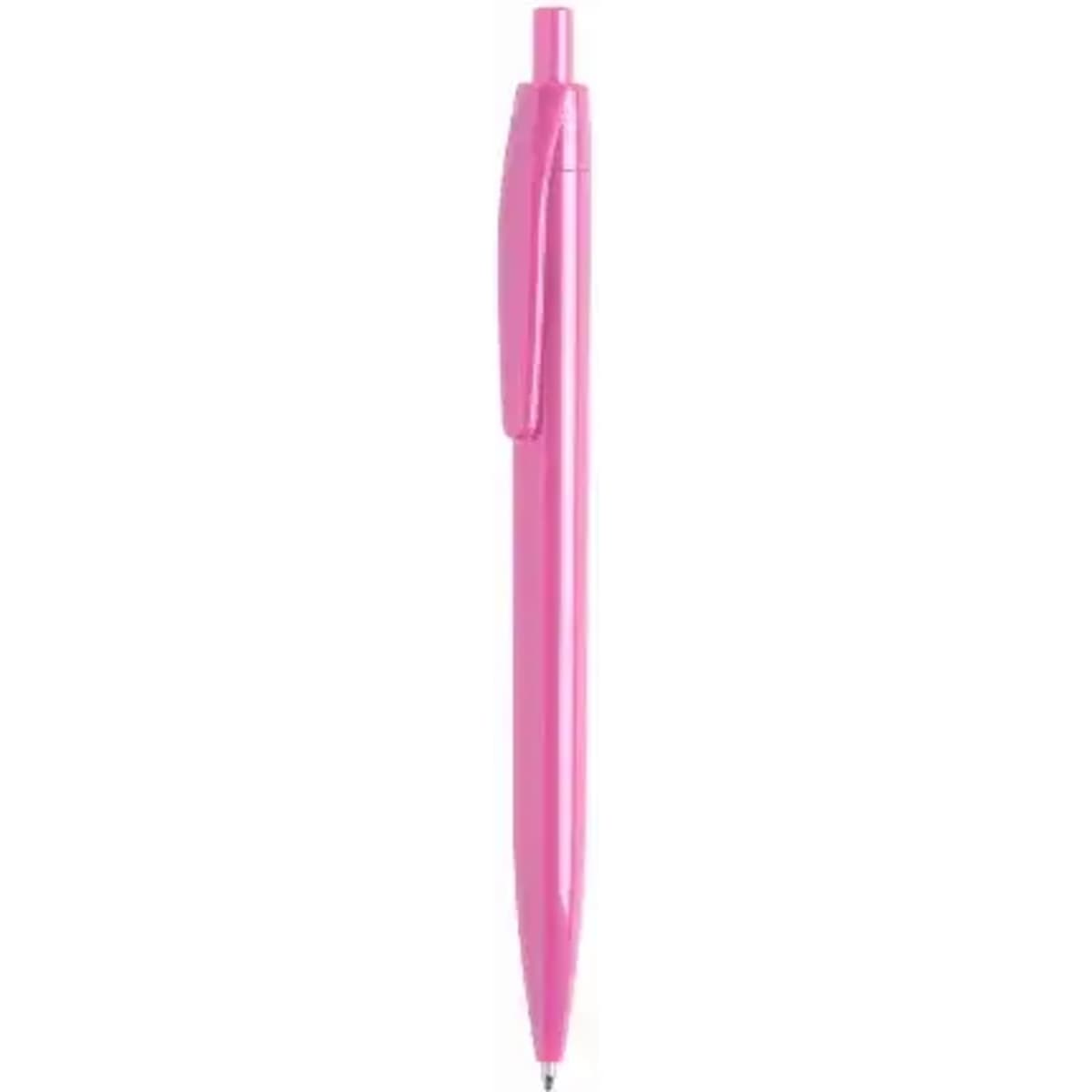 A pink ballpoint pen with a clip and smooth design, featuring a retractable tip and a glossy finish.