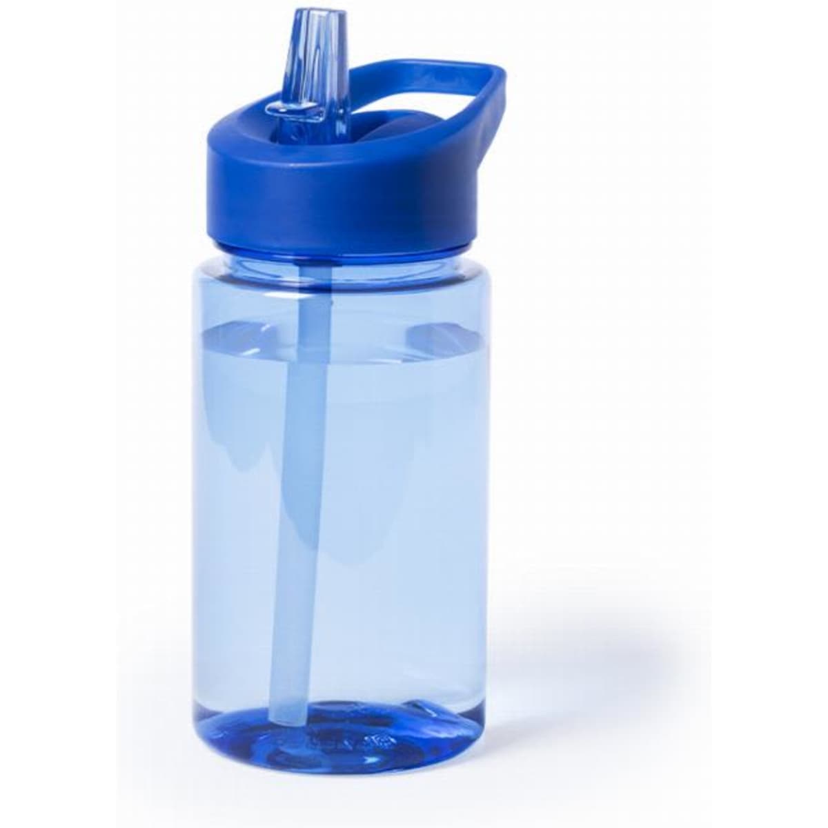 A drink bottle in blue with a straw and lid, featuring a transparent body filled with water.