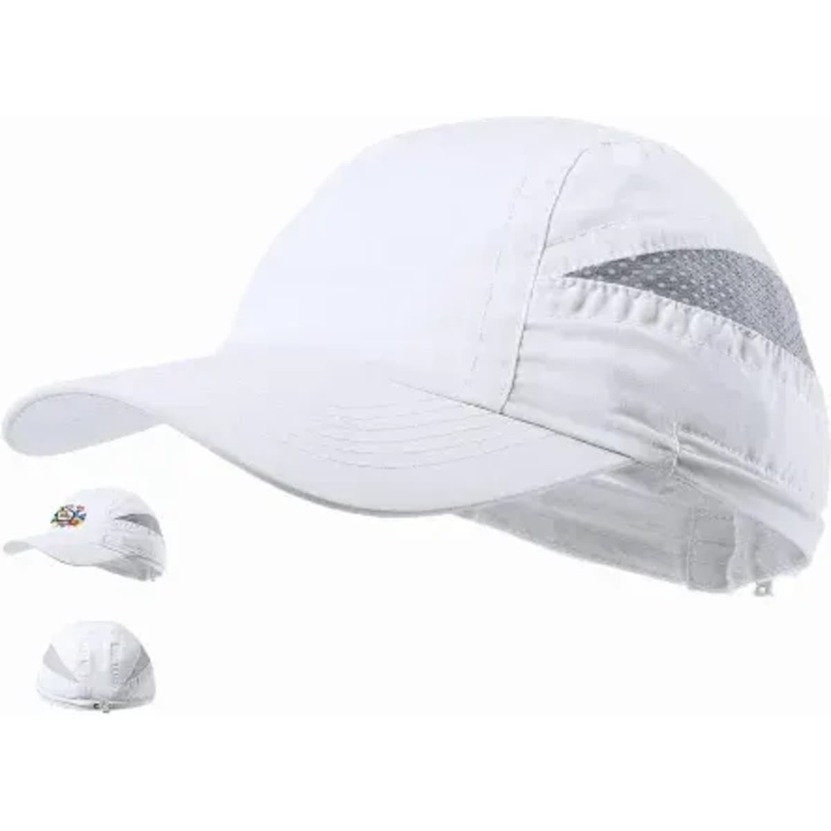 A white cap with a curved peak and a grey accent, featuring a logo on the front.