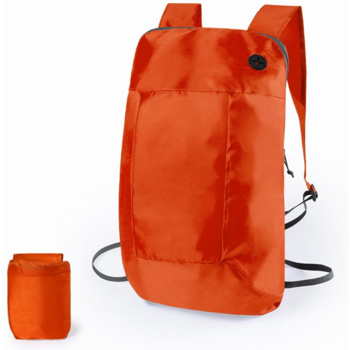 An orange foldable backpack with adjustable straps, featuring a front pocket and a compact storage option.