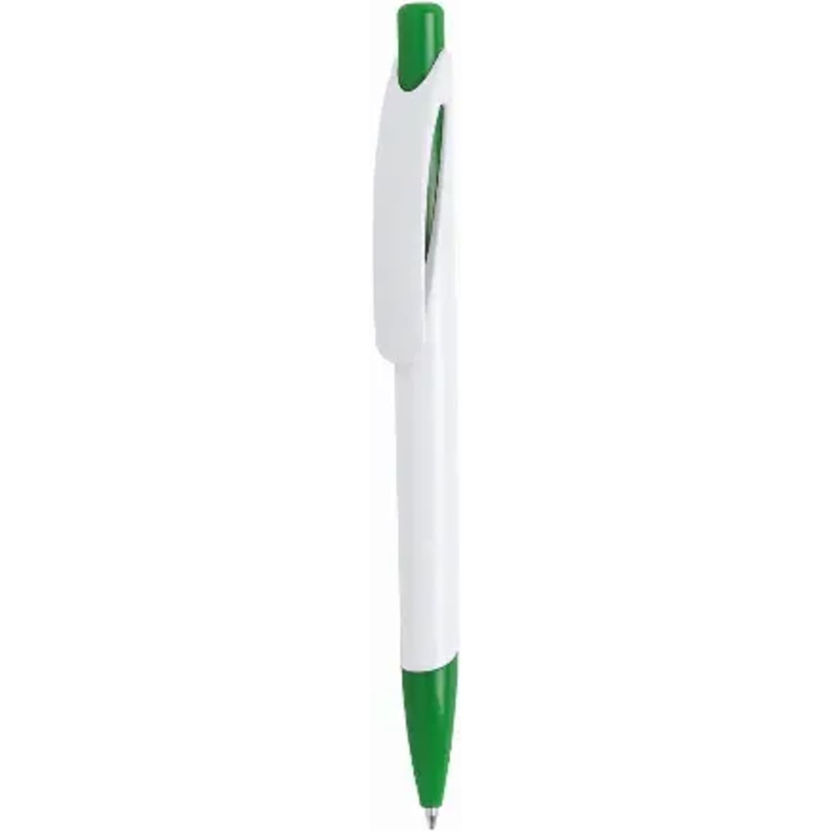 A ballpoint pen with a white barrel and green tip, featuring a clip and branding on the side.