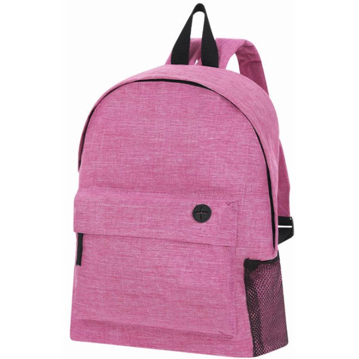 A pink backpack with a front pocket and a side mesh pocket, featuring two shoulder straps and a branding logo.