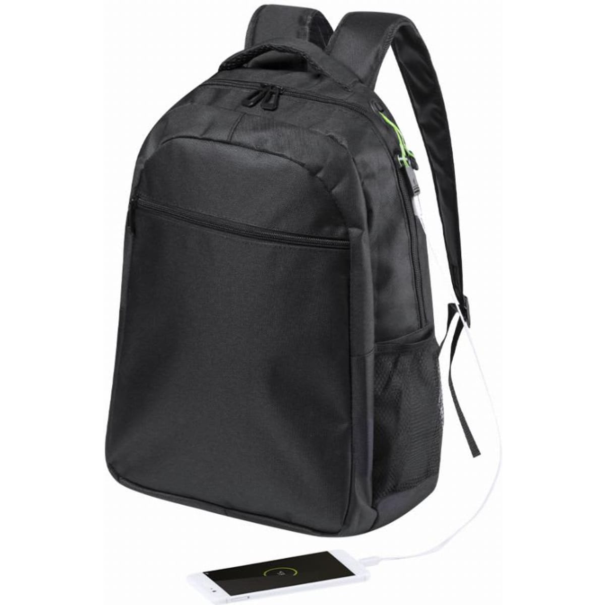 A black backpack with adjustable straps, featuring a front pocket and a charging port.