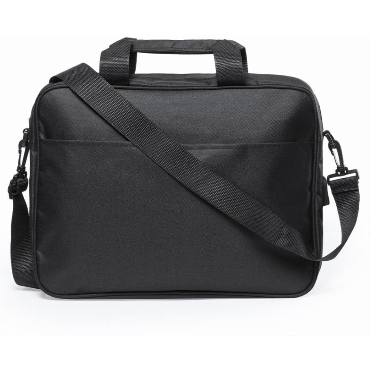 A black messenger bag with a shoulder strap and a sturdy handle, featuring a simple design.