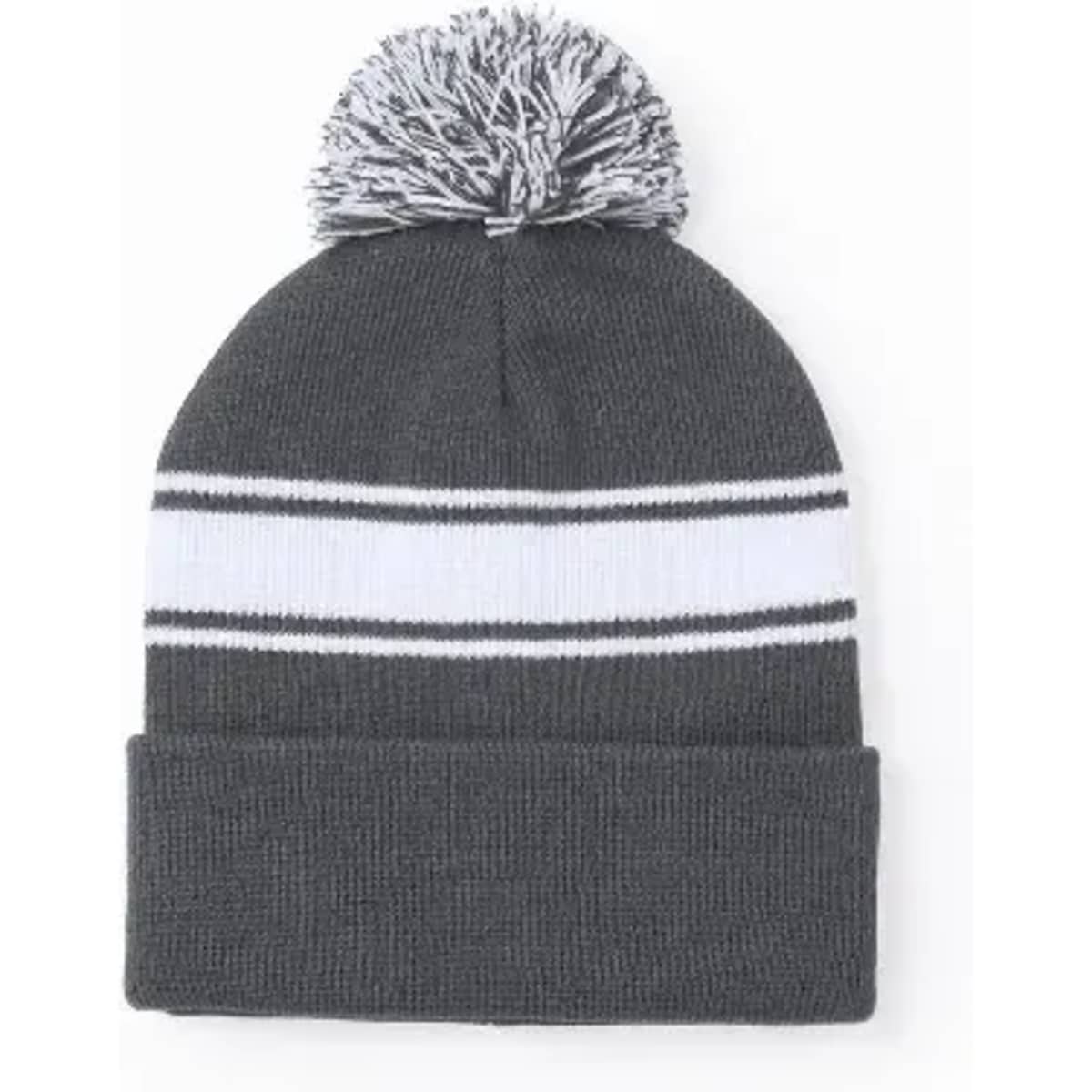 A beanie hat in dark grey with a white stripe and a pom-pom on top. It features a knitted texture.