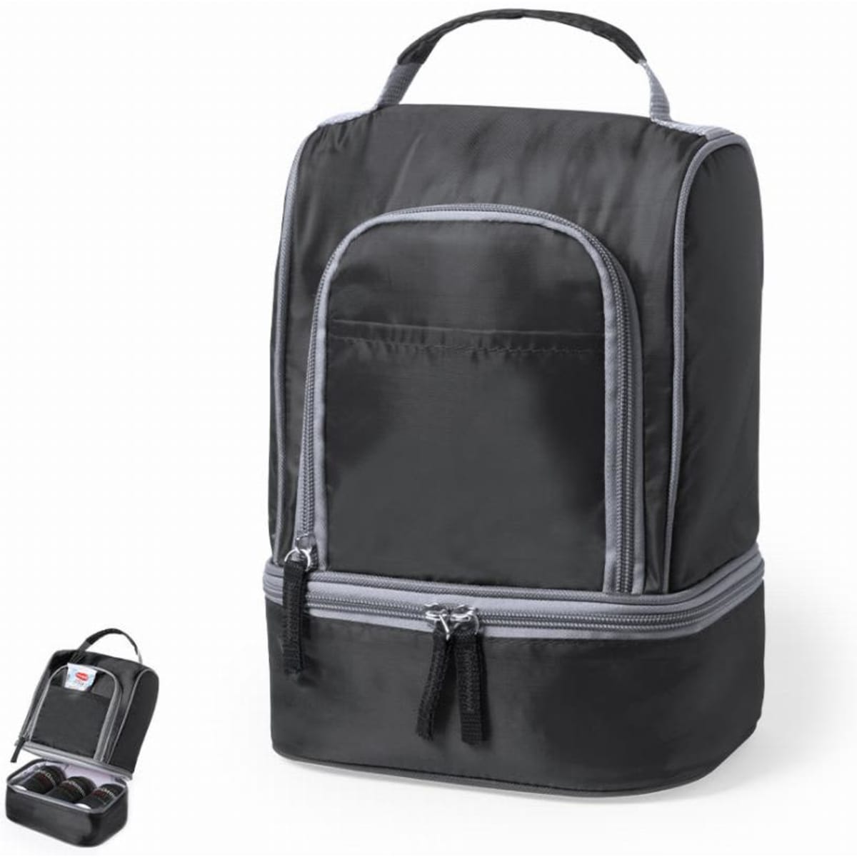 A black insulated cooler bag with a front pocket and a zip closure, featuring grey accents and a handle on top.