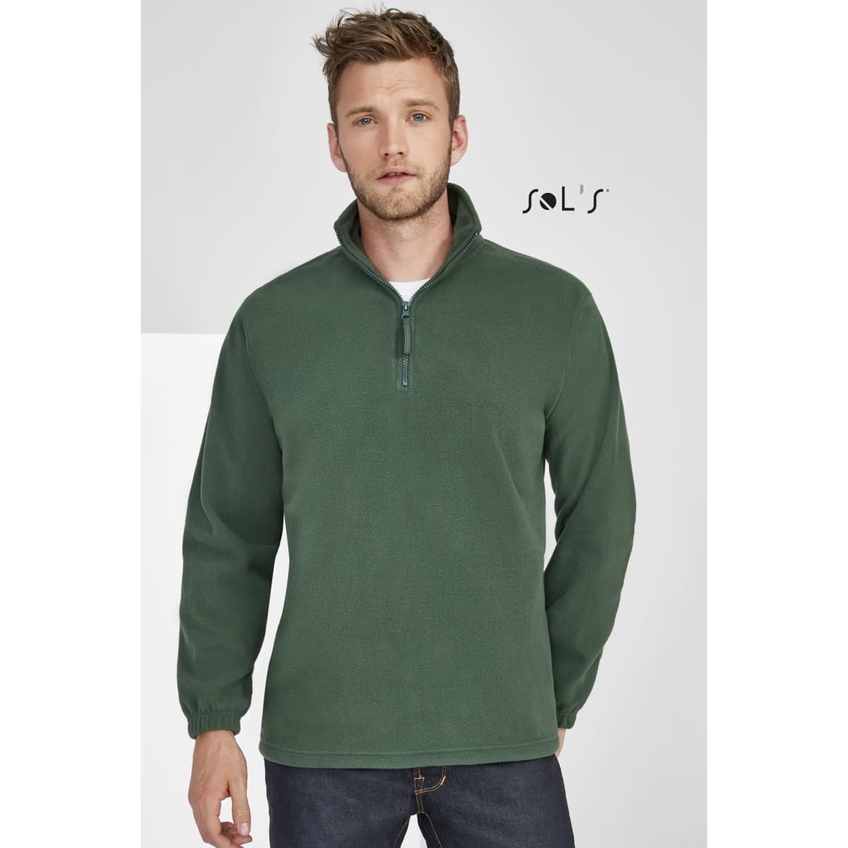 A men's green polar fleece top featuring a 1/4 zip and a branded logo.