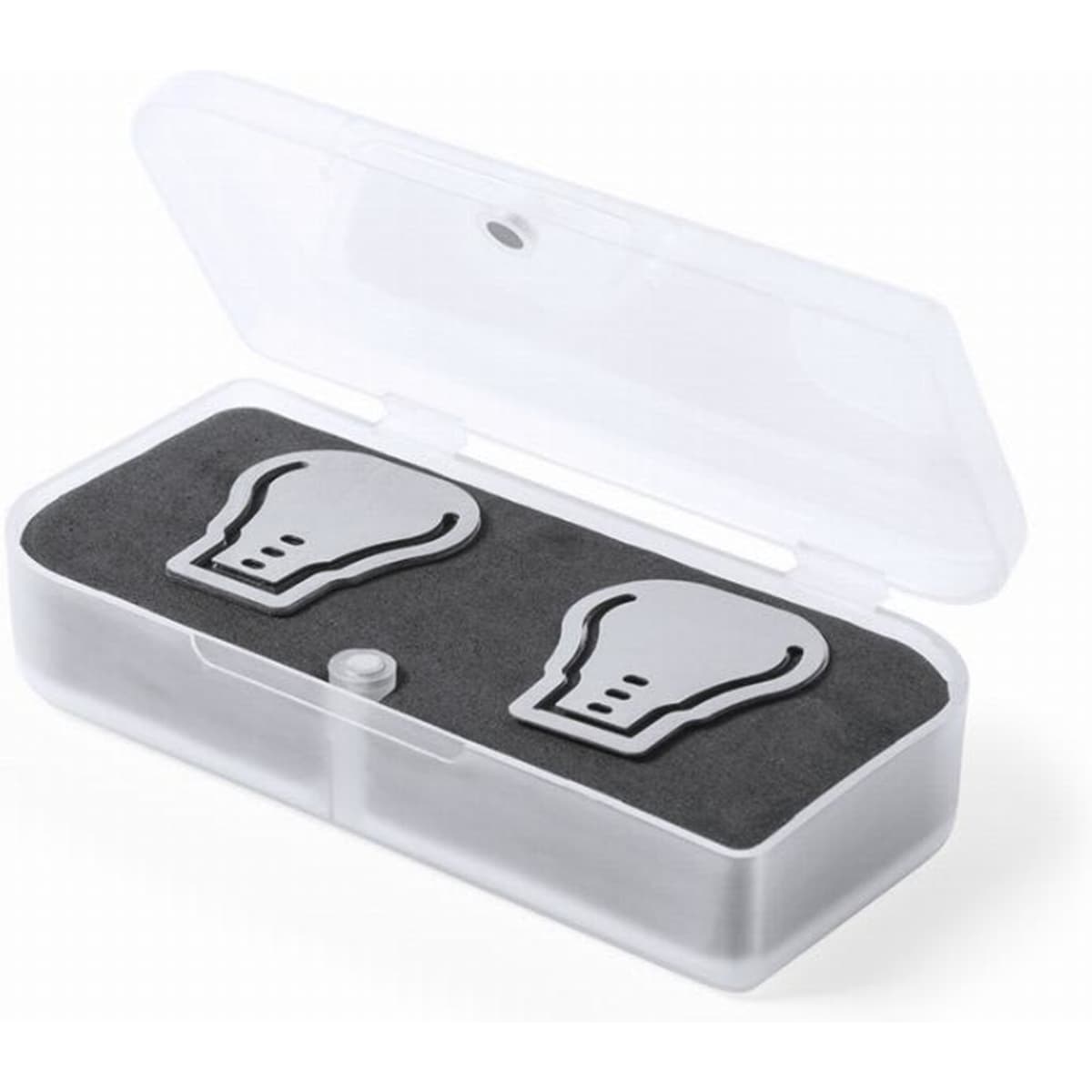 A case containing two silver clips on a dark background. The case is transparent and has a secure closure.