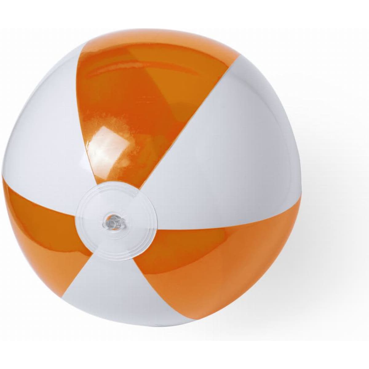 A beach ball featuring orange and white panels with a shiny finish, complete with a small valve.