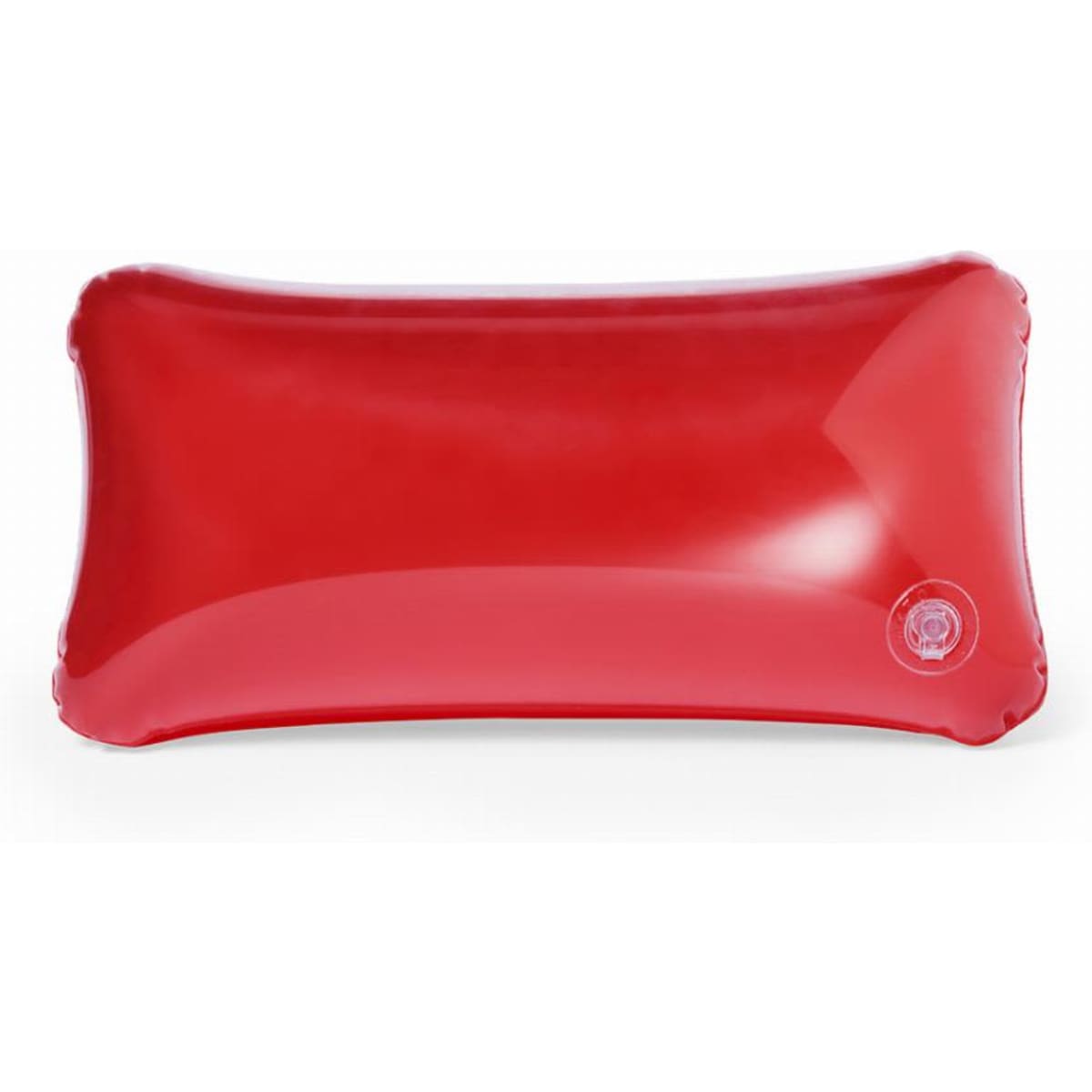 A red inflatable pillow with a smooth surface and a circular logo at one corner.