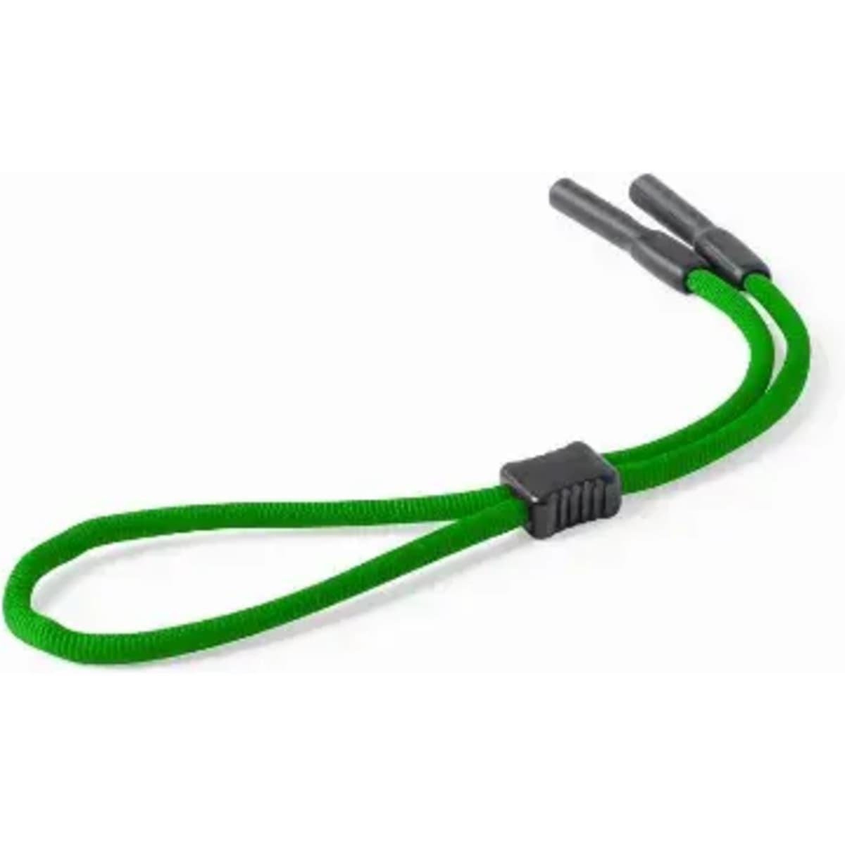 A green elastic cord with two ends and a black connector in the centre.
