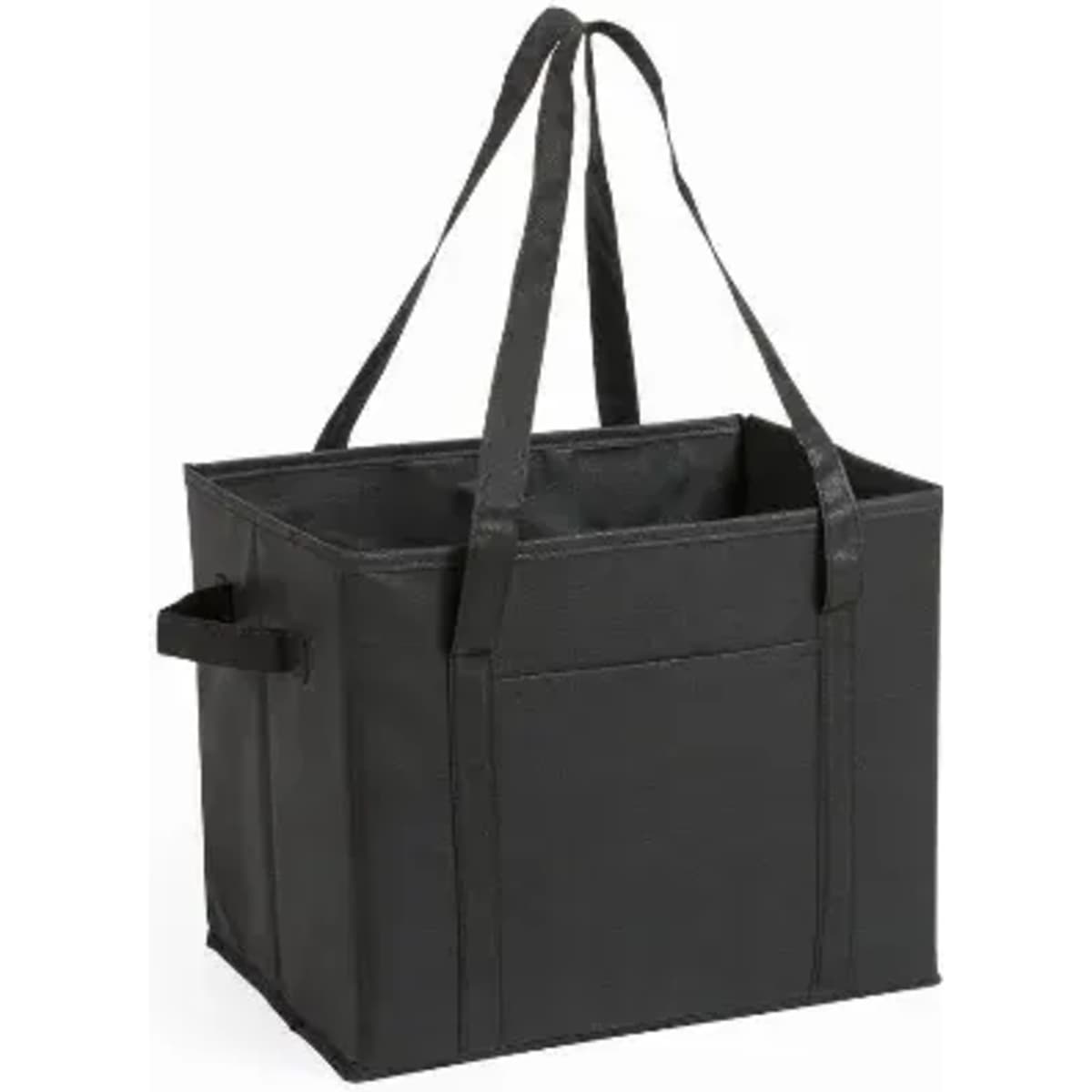 A black tote bag with two long handles and a spacious interior for carrying items. It features a side pocket.