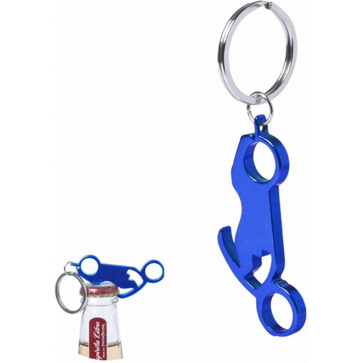 A blue bottle opener keychain featuring a sleek design and rounded keyring attachment.