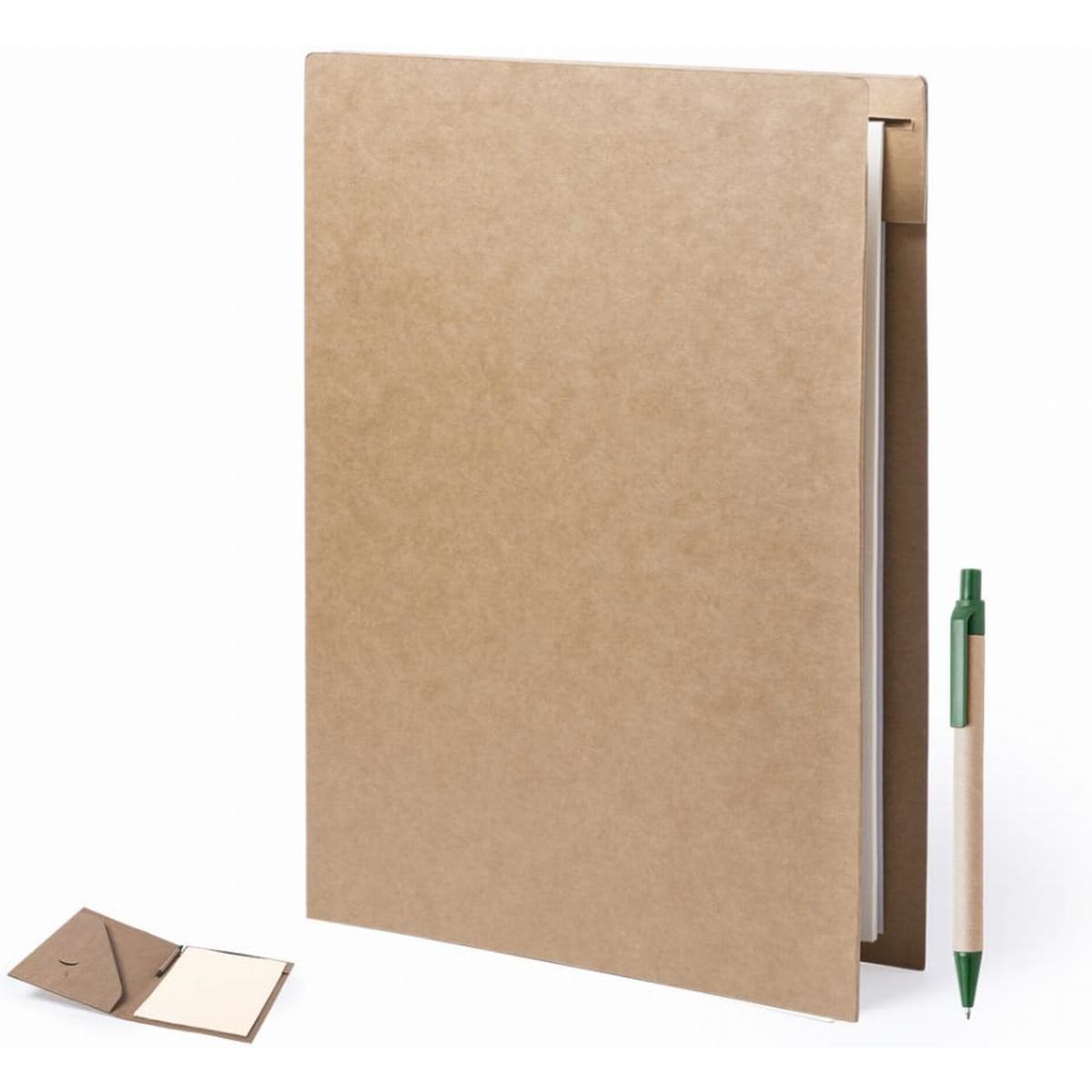 A brown folder with a pen and a small notepad, featuring a simple, minimalist design.
