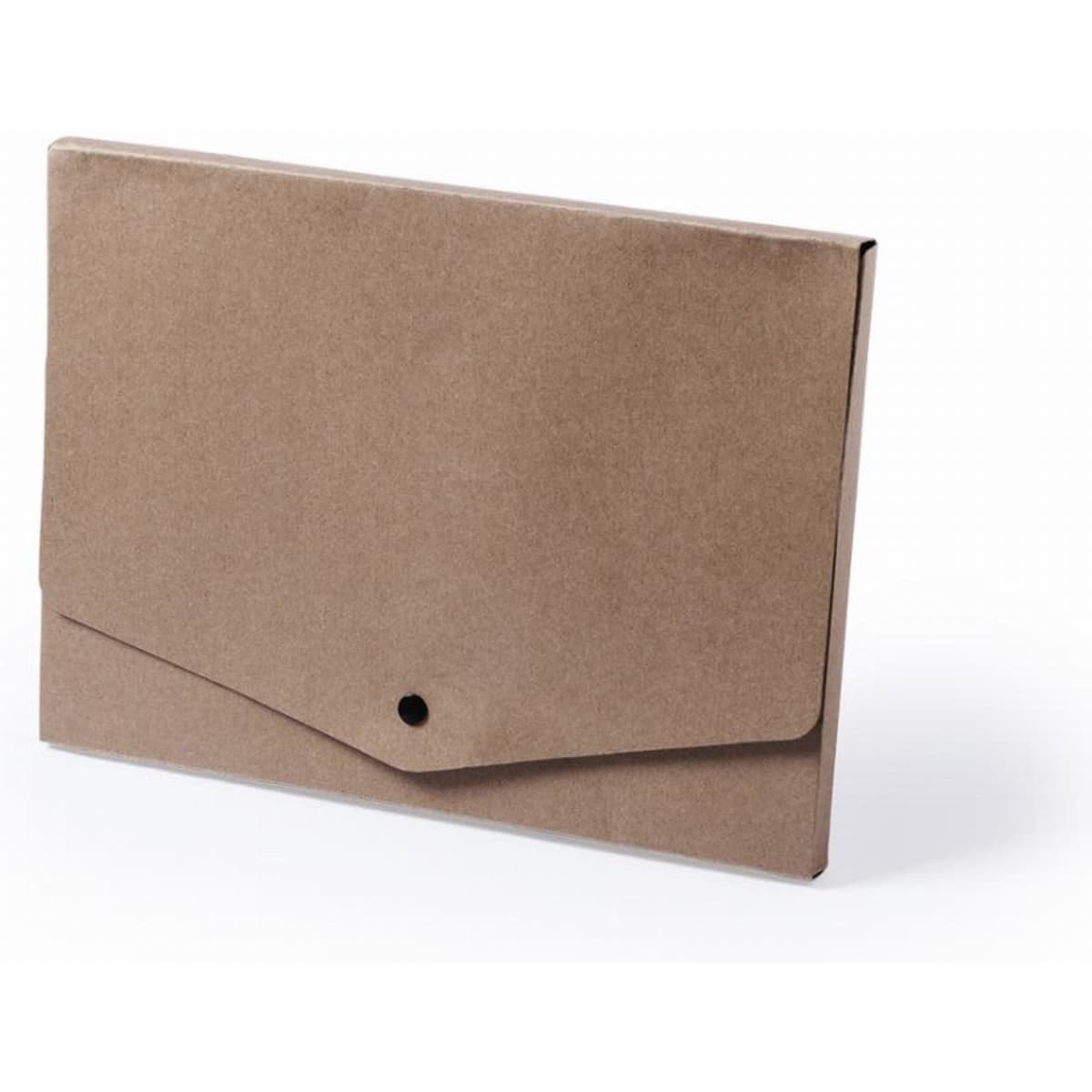 A kraft paper document folder featuring a flap closure and a black button. It has a neutral brown colour.