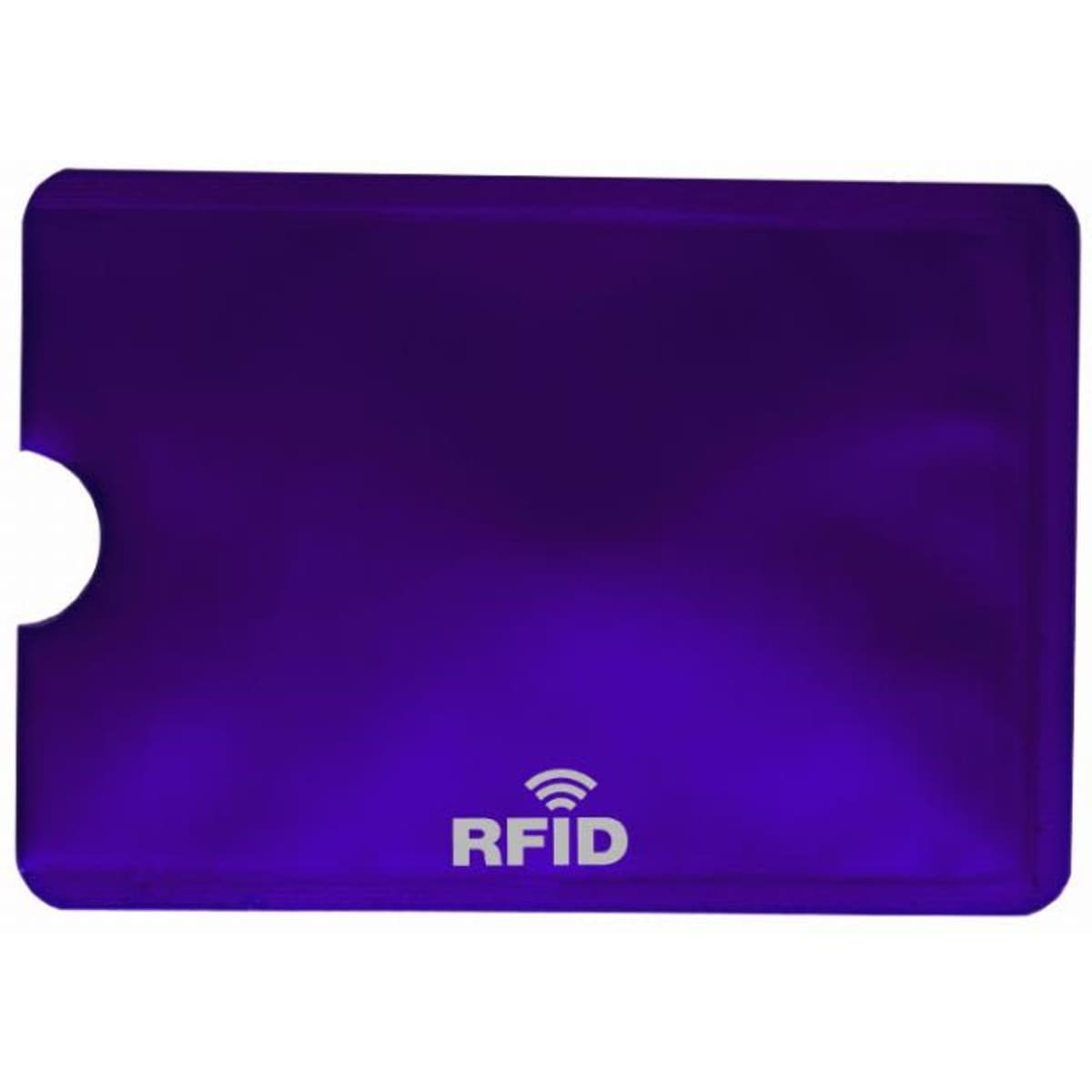 A purple RFID card holder with a smooth surface and a cut-out for easy access. It features a logo on the front.