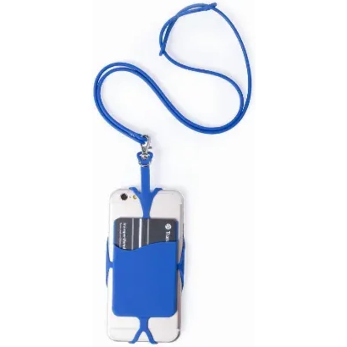 A phone holder in vibrant blue with a matching lanyard, featuring a slot for a card on the back.