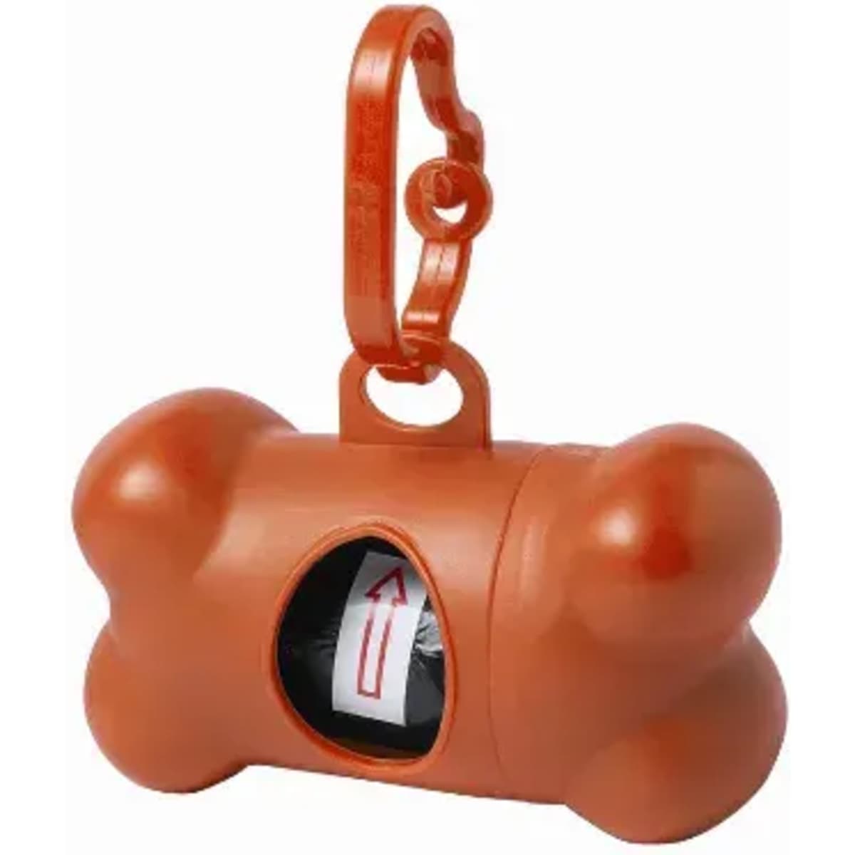 A dog waste bag dispenser in orange, shaped like a bone, with a clip for attachment and a roll of bags inside.