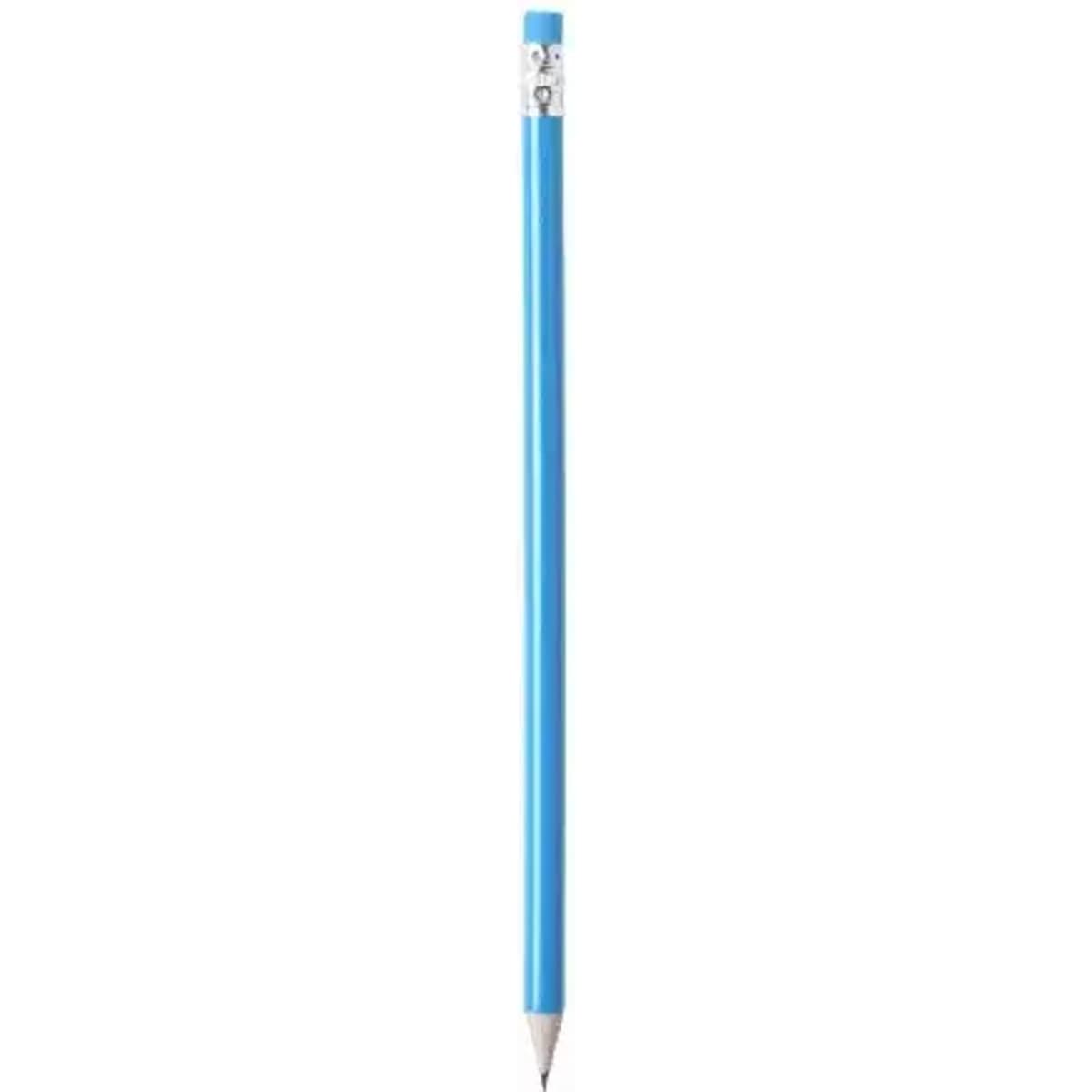 A blue pencil with a sharpened tip and a metallic silver ferrule at the end. It features a branding logo.