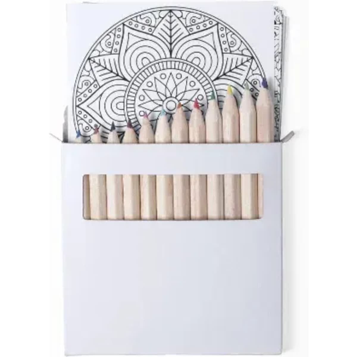 A colouring set featuring wooden pencils in a white box, alongside colouring sheets with mandala designs.