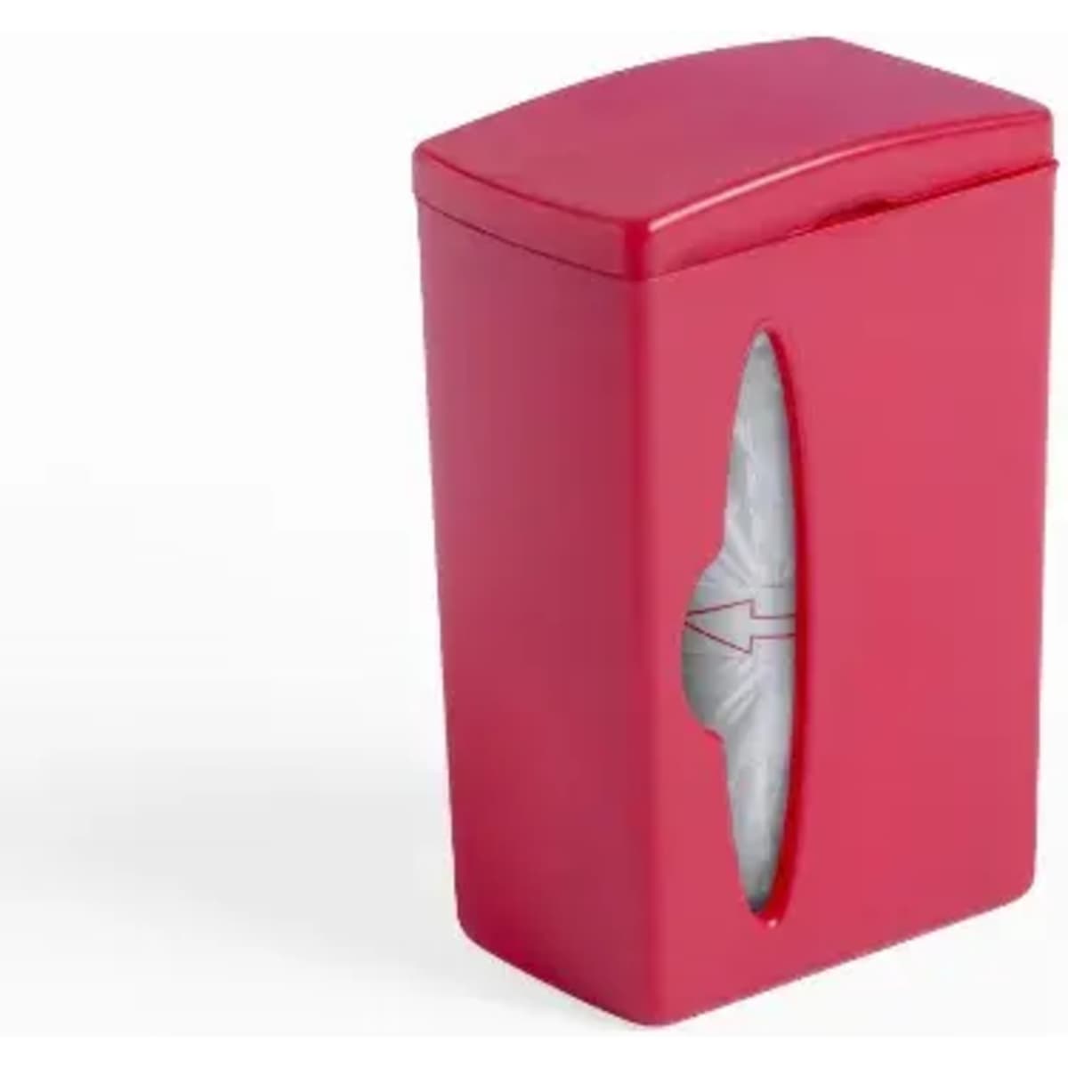 A red bin with a curved top and a slot for disposal, featuring a white liner inside. It has a logo on the side.