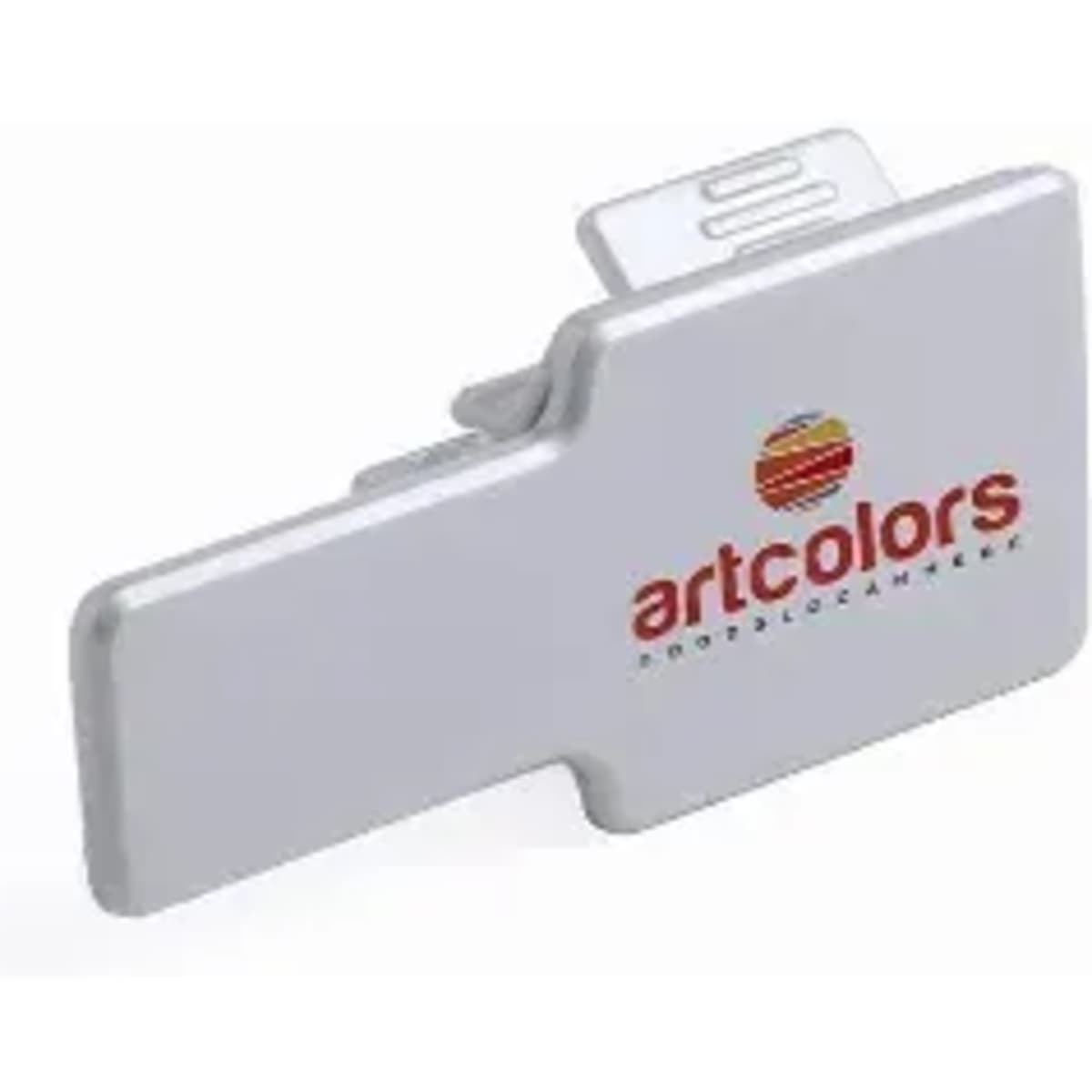 A white promotional product with a clip, featuring a logo on the front.