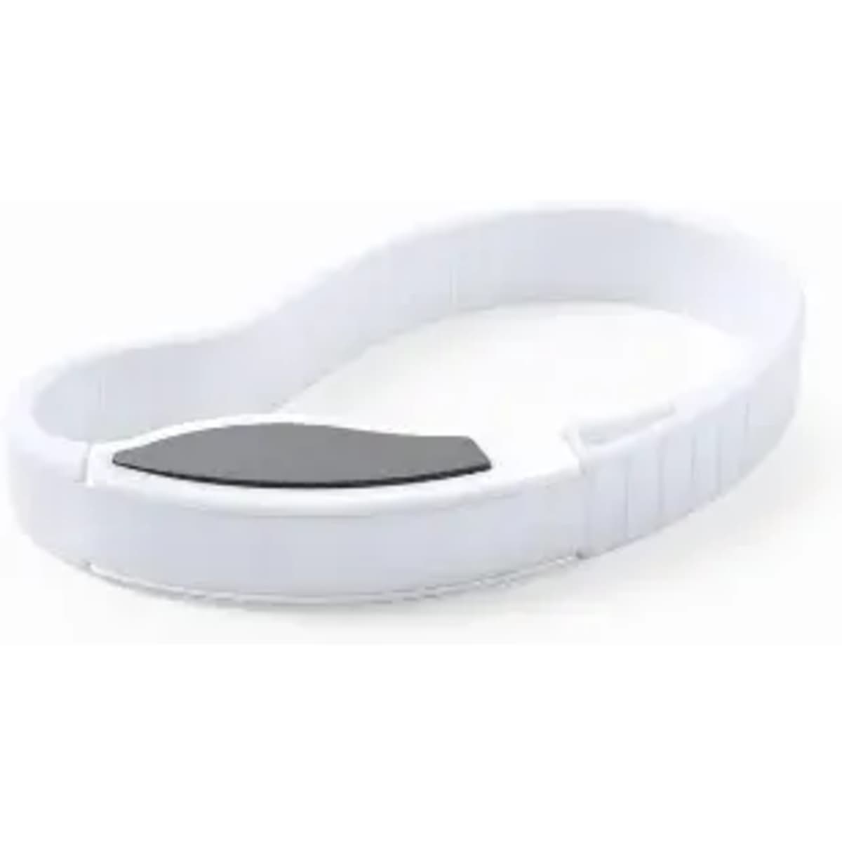 A drink bottle in an ergonomic design, featuring a white body with a black accent. It includes a logo on the side.