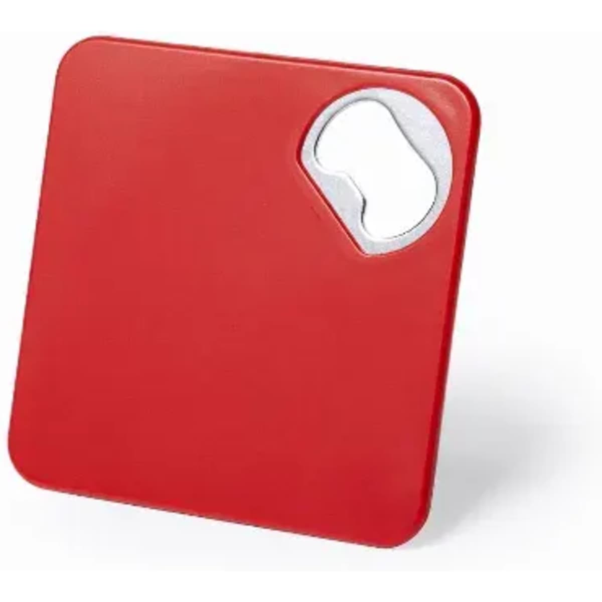 A red square bottle opener with a rounded cutout for opening caps, featuring a simple design.