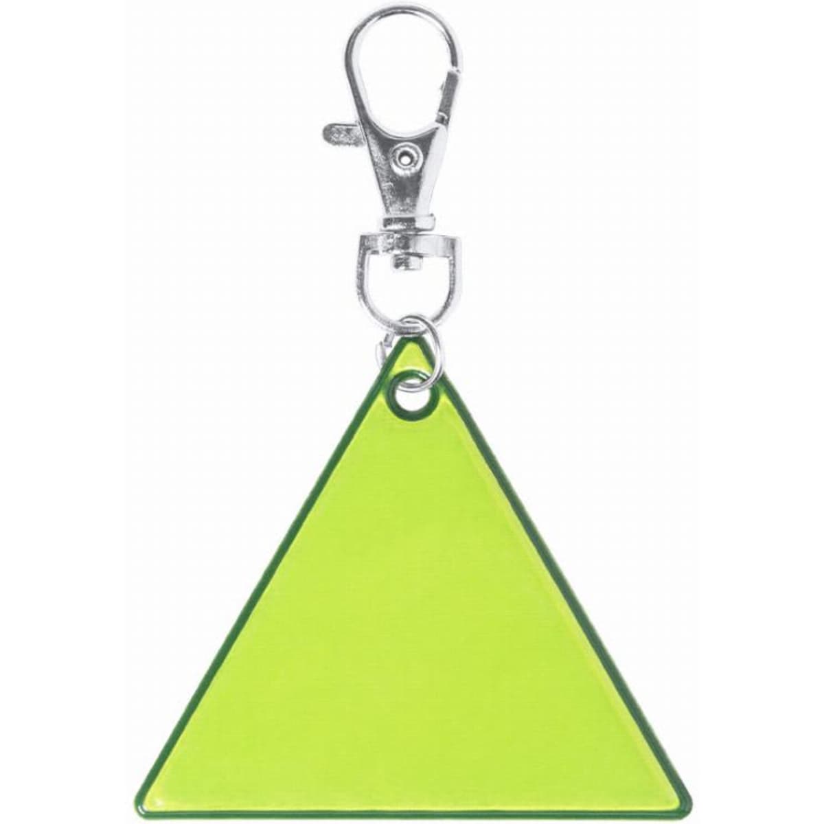 A triangular green tag with a silver clasp attachment. The tag is bright and translucent.