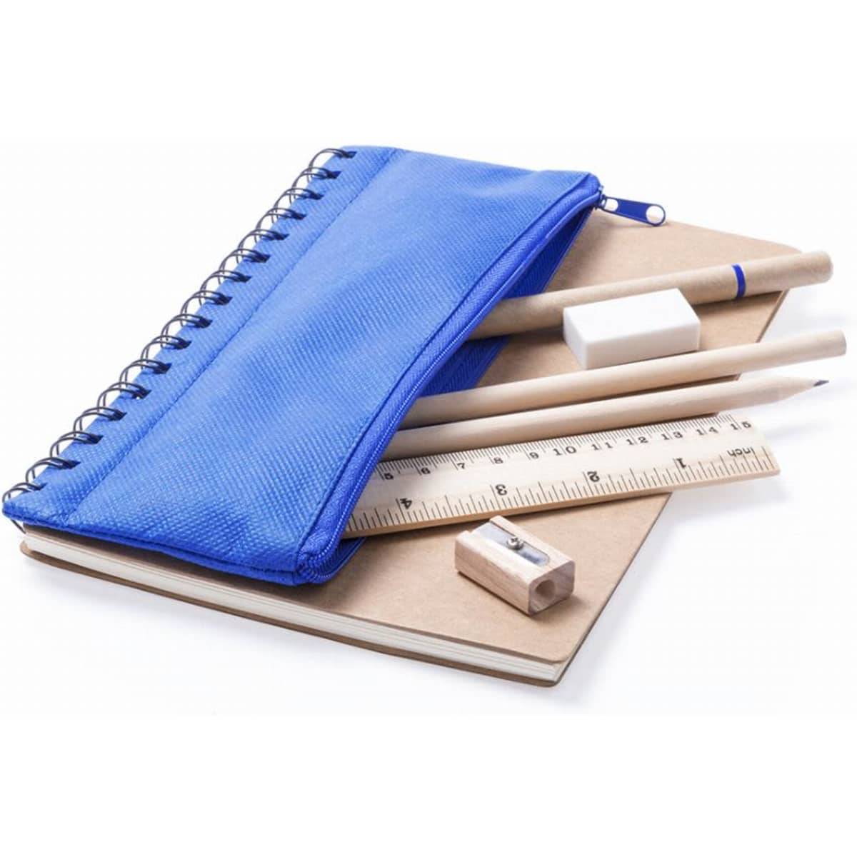 A blue pencil case with pens, a ruler, an eraser, and two notepads, arranged on a white background.