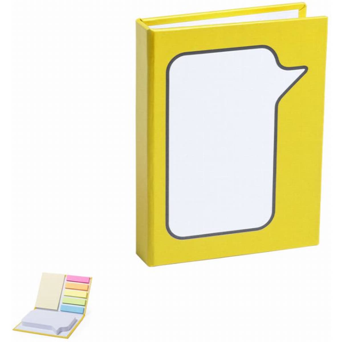 A yellow notebook with a speech bubble design on the cover, accompanied by colourful sticky notes.